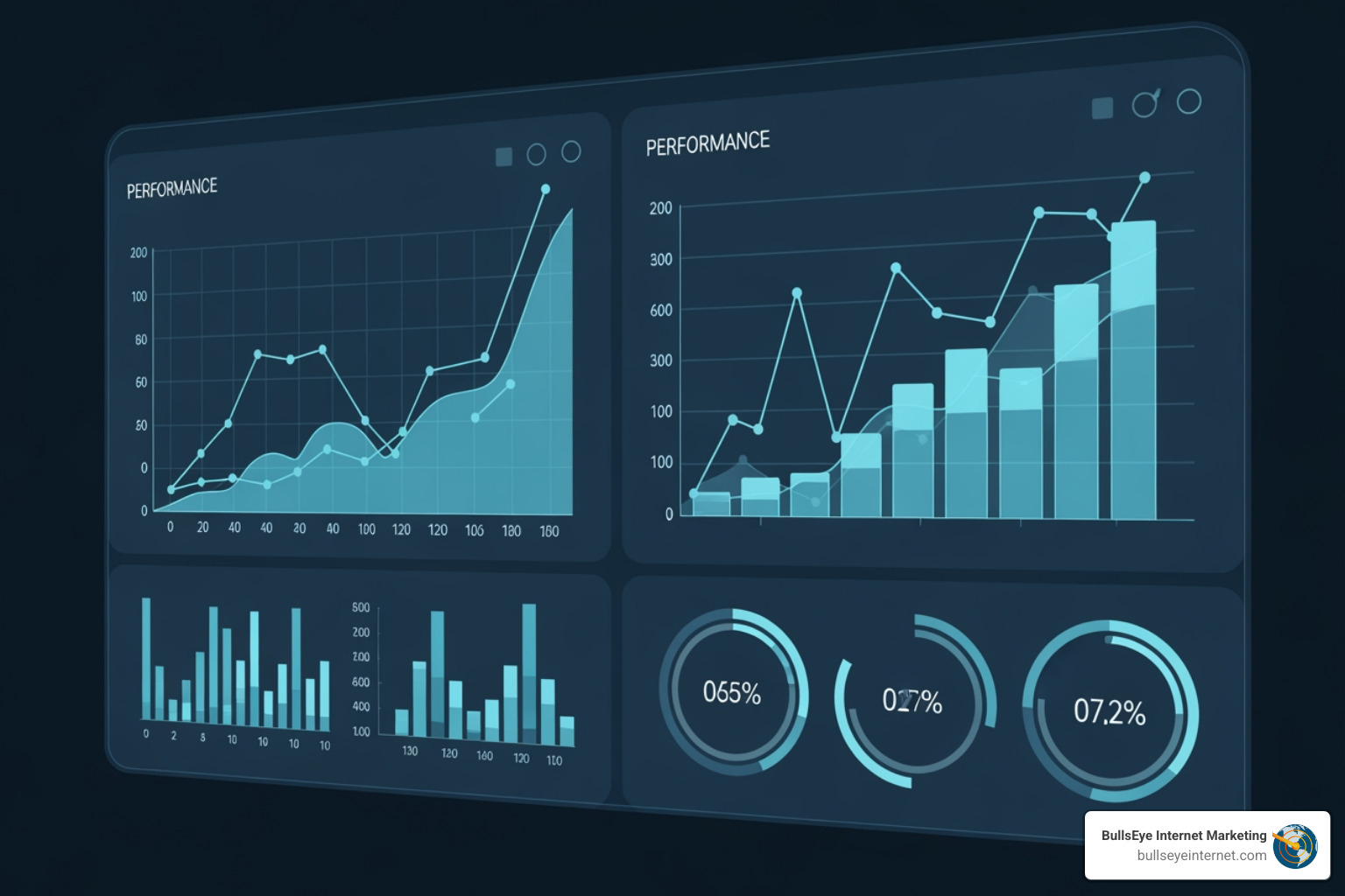 Dashboard showing AI visibility metrics, such as citation count, share of voice in AI answers, and prompt performance - LLM SEO audit Performance analytics dashboard displaying line and bar graphs, metrics, and data visualizations relevant to SEO audit and digital marketing strategies.