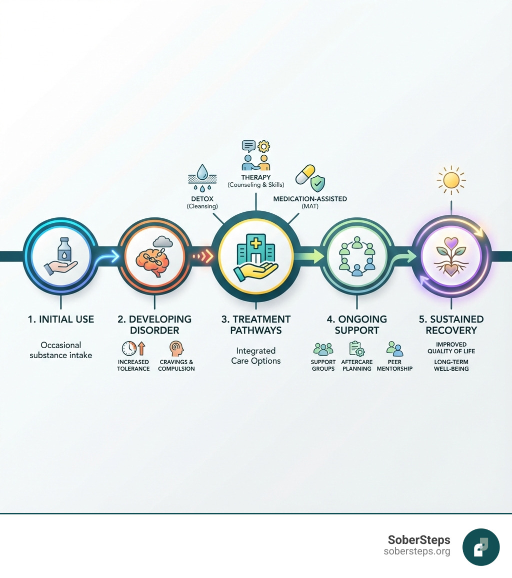 infographic showing the progression from substance use to substance use disorder, including warning signs like increased tolerance and cravings, leading to various treatment pathways including detox, therapy, medication-assisted treatment, and ongoing recovery support, ultimately resulting in sustained recovery and improved quality of life - substance abuse treatment infographic infographic-line-5-steps-colors