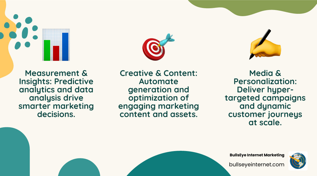 infographic showing the three core pillars of digital marketing ai: measurement and insights through predictive analytics and data analysis, media and personalization through hyper-targeted campaigns and customer journeys, and creative and content through automated generation and optimization - Digital marketing AI infographic 3_facts_emoji_nature infographic showing the three core pillars of digital marketing ai: measurement and insights through predictive analytics and data analysis, media and personalization through hyper-targeted campaigns and customer journeys, and creative and content through automated generation and optimization - Digital marketing AI infographic 3_facts_emoji_nature