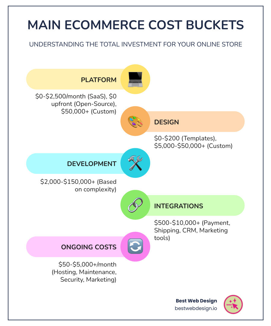 Infographic showing the main ecommerce cost categories: Platform fees ($0-$2,500/month for SaaS, $0 upfront for open-source, $50,000+ for custom), Design costs ($0-$200 for templates, $5,000-$50,000+ for custom), Development costs ($2,000-$150,000+ based on complexity), Integrations ($500-$10,000+ for payment gateways, shipping, CRM, marketing tools), and Ongoing Costs ($50-$5,000+/month for hosting, maintenance, security, marketing) - cost for ecommerce website development infographic infographic-line-5-steps-colors