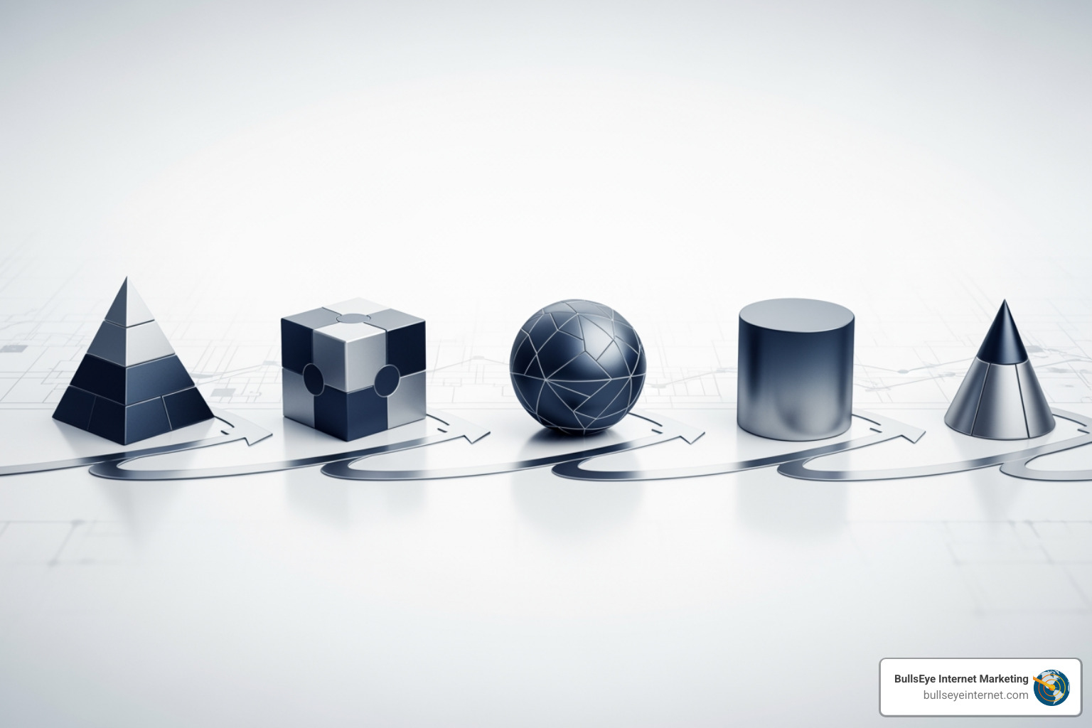 5-step roadmap for GEO implementation - How to GEO Abstract geometric shapes including a pyramid, cube, sphere, cylinder, and cone, representing structured content optimization for AI visibility in digital marketing.