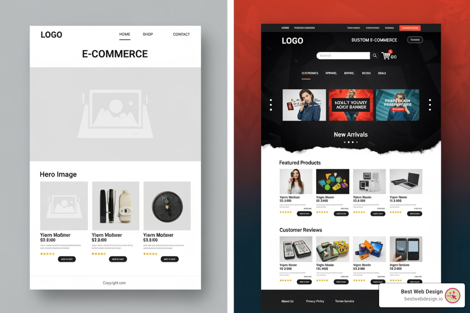 Visual representation of a simple template-based ecommerce store on one side and a complex, custom-designed ecommerce store with advanced features on the other. - cost for ecommerce website development