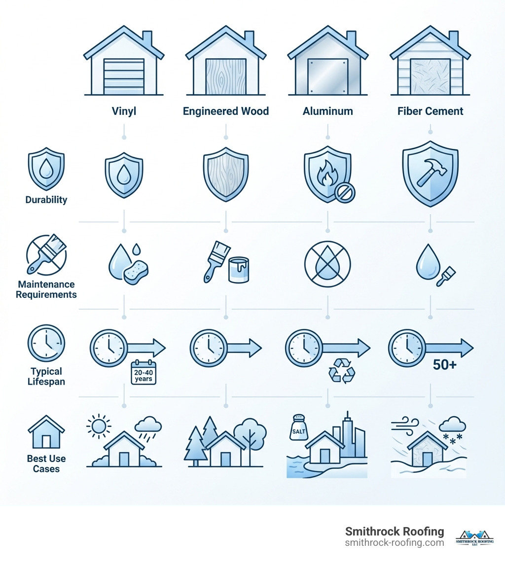 infographic comparing the four least expensive siding options side by side, showing vinyl, engineered wood, aluminum, and fiber cement with icons representing their key benefits like durability, maintenance requirements, typical lifespan, and best use cases for each material - least expensive siding options infographic 