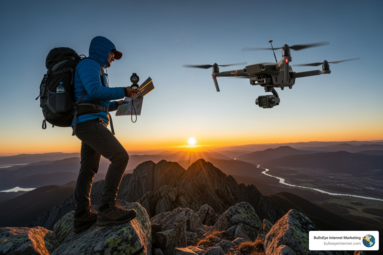 Google AI Overview example - How to GEO Hiker with a map and backpack, standing on a mountain peak at sunset, with a drone flying overhead, symbolizing internet security and connection checks.