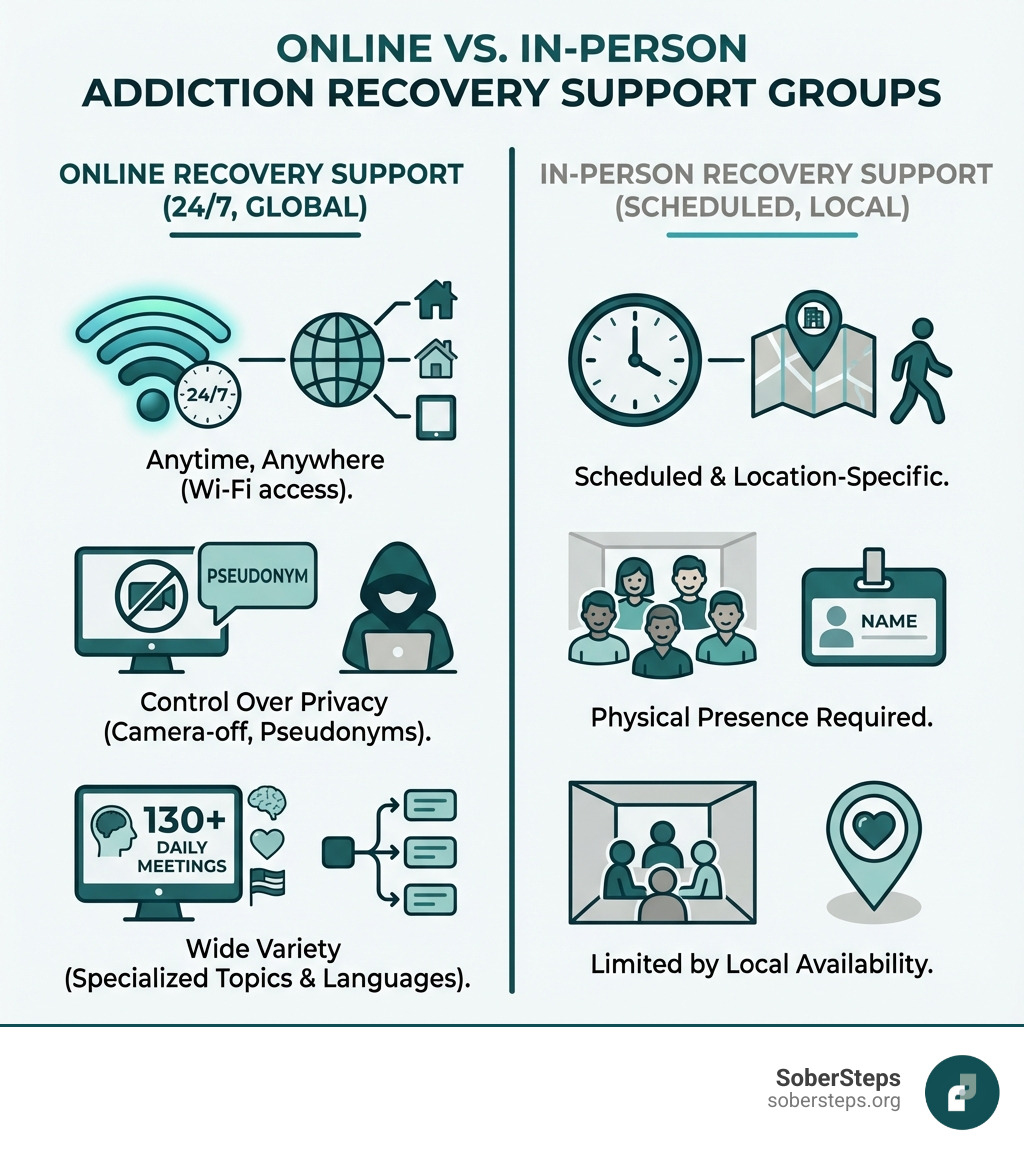Infographic comparing online and in-person addiction recovery support groups showing three main differences: Accessibility (online groups available 24/7 from any location with internet vs in-person requiring travel to specific times and places), Anonymity (online allows camera-off participation and pseudonyms vs in-person requires physical presence), and Variety (online offers 130+ daily meetings across multiple languages and specialized topics vs in-person limited to local availability) - online addiction recovery support groups infographic 4_facts_emoji_blue