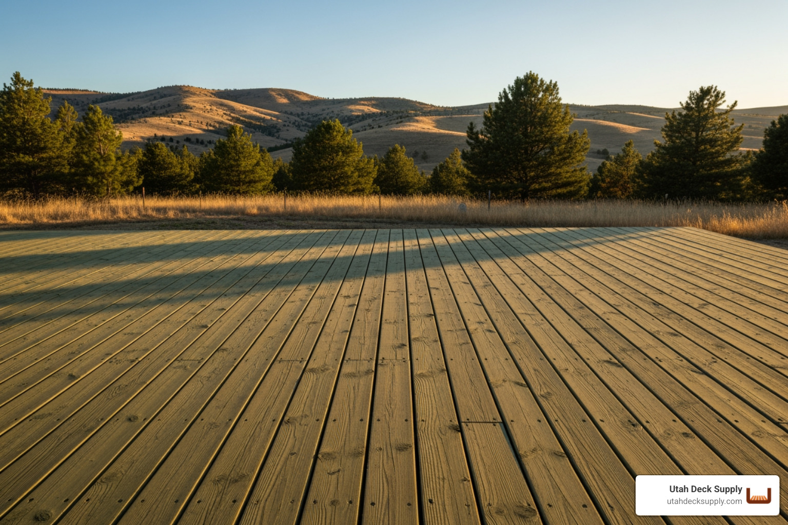 classic pressure-treated wood deck, showing its greenish-brown hue, Northern Utah, afternoon light - Affordable deck materials