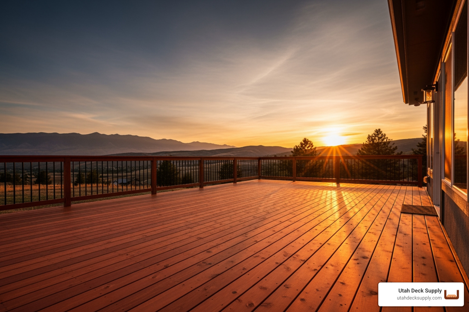 rich, reddish-toned cedar deck, highlighting its natural grain, Northern Utah, sunset light - Affordable deck materials