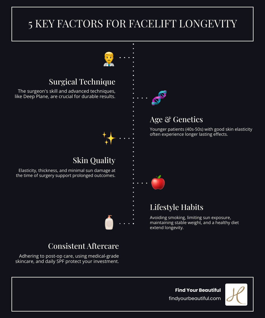 infographic showing five key factors affecting facelift longevity: surgical technique showing deep plane vs surface lift, age comparison of 50 vs 70 year old patients, skin quality depicting elastic vs sun damaged skin, lifestyle factors including smoking and sun exposure icons, and aftercare showing skincare products and follow up appointments - how long does a facelift last infographic infographic-line-5-steps-dark