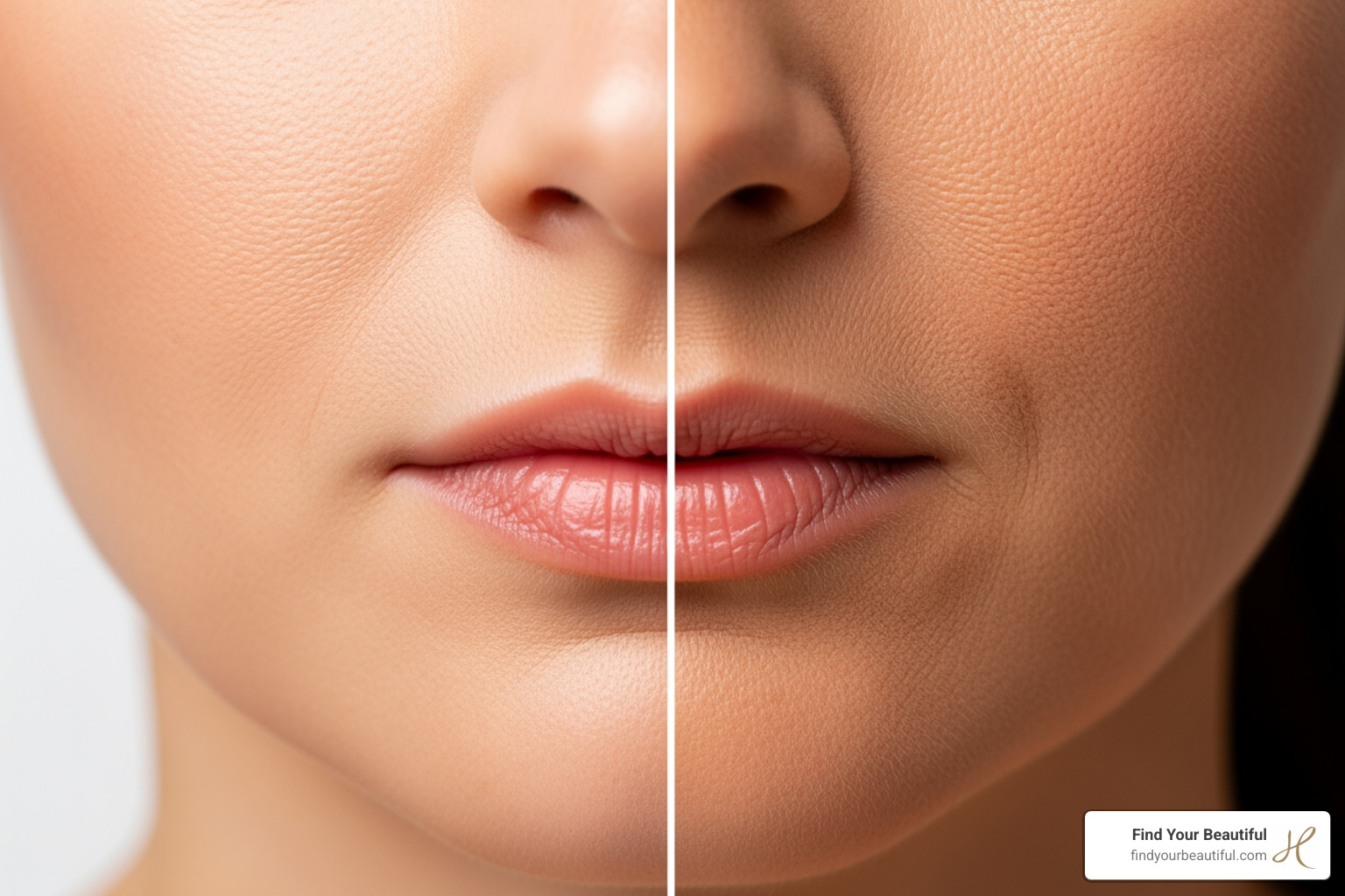 split screen image showing healthy, elastic skin on one side and sun-damaged, wrinkled skin on the other - how long does a facelift last