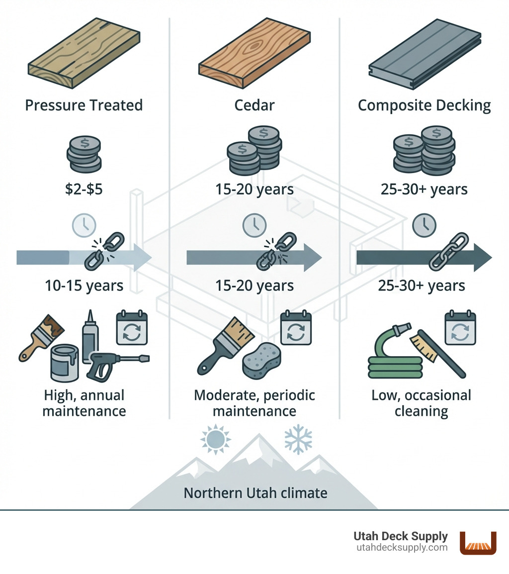 Infographic comparing pressure-treated wood, cedar, and entry-level composite decking across upfront cost per square foot, average lifespan in years, and maintenance requirements including frequency of staining, sealing, and cleaning for a 400 square foot deck in Northern Utah climate - Affordable deck materials infographic 