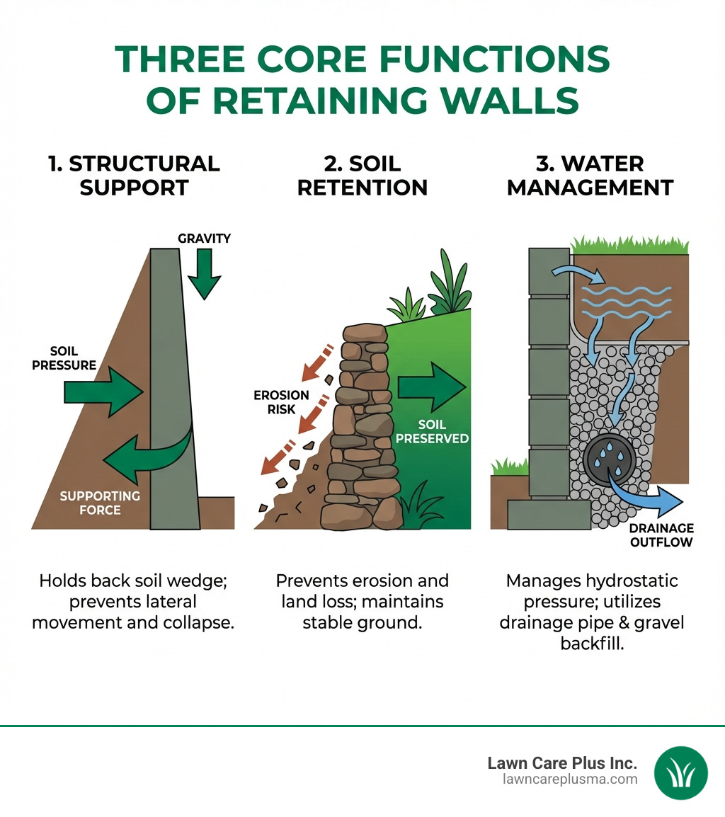 Infographic showing three core functions of retaining walls: structural support holding back soil with a wedge diagram, soil retention preventing erosion with arrows showing soil movement, and water management with drainage system illustration including perforated pipe and gravel backfill - retaining wall ideas infographic 
