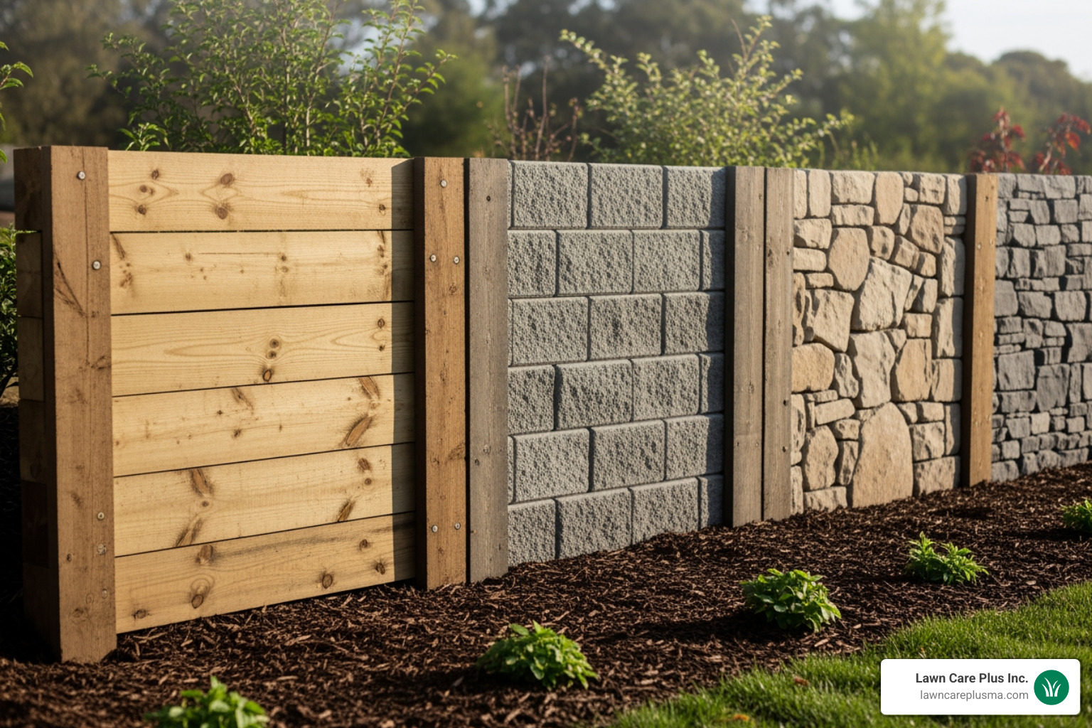 display showing different retaining wall materials side-by-side, including wood, concrete blocks, and natural stone - retaining wall ideas