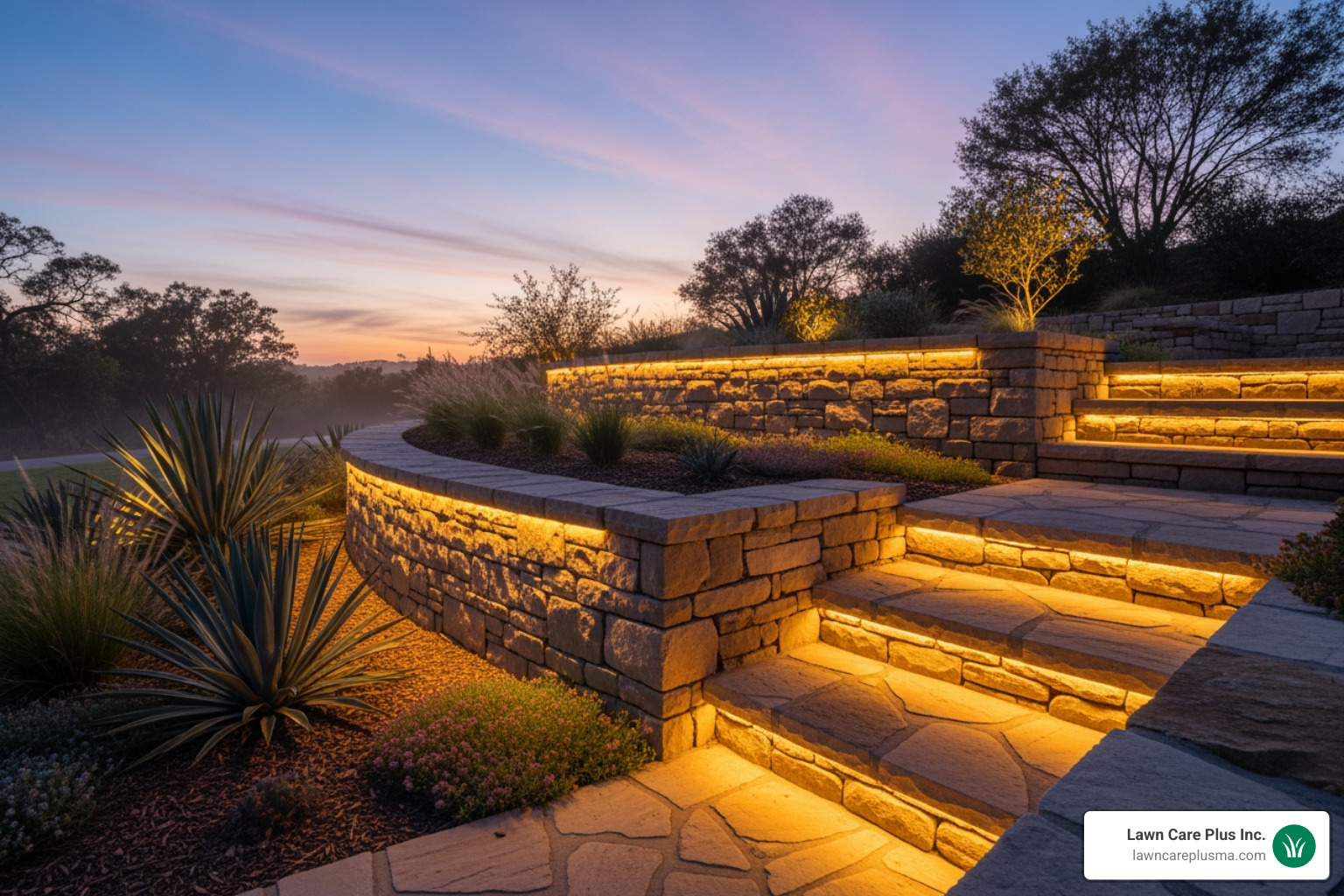 stunning curved retaining wall with integrated lighting at dusk - retaining wall ideas