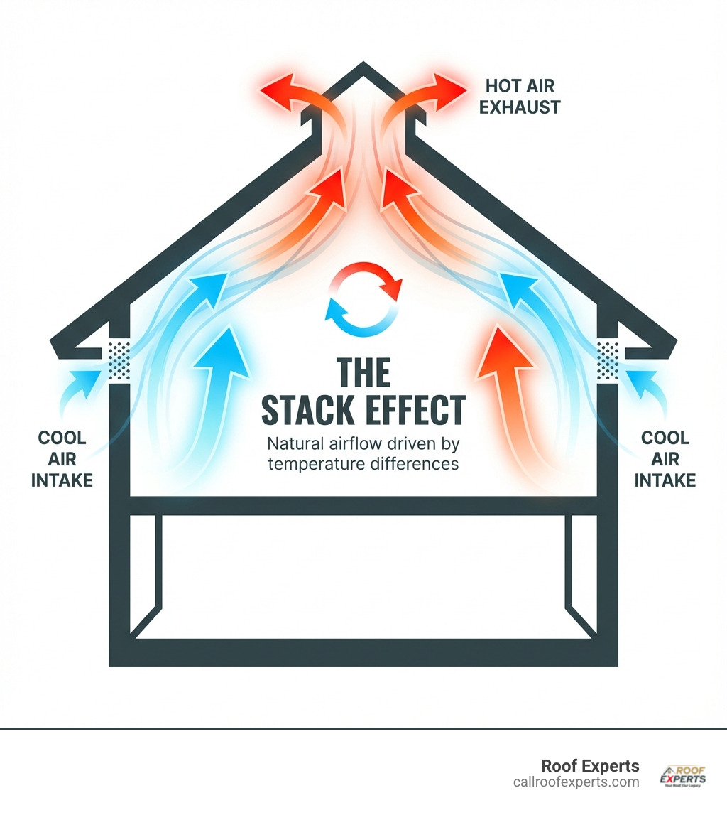 Infographic showing the stack effect with cool air entering soffit vents and hot air exiting ridge vents - attic ventilation inspection infographic 