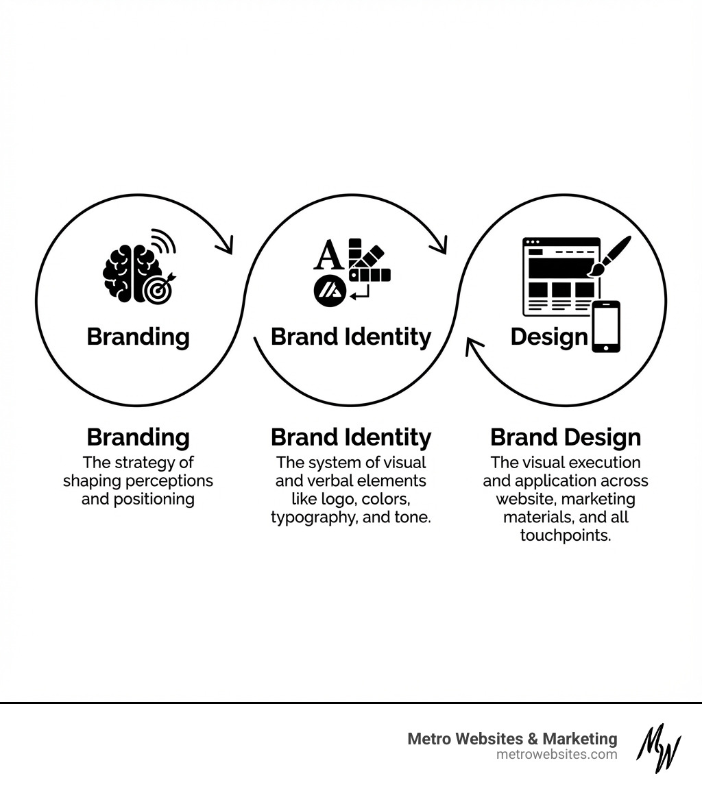 Infographic showing three connected circles: 'Branding' (the strategy of shaping perceptions and positioning), 'Brand Identity' (the system of visual and verbal elements like logo, colors, typography, and tone), and 'Brand Design' (the visual execution and application across website, marketing materials, and all touchpoints) - brand identity website design infographic 