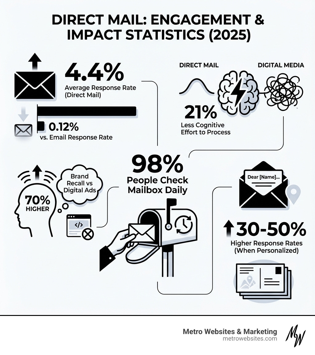 infographic showing direct mail statistics: 4.4% average response rate vs 0.12% for email, 70% higher brand recall than digital ads, 98% of people check mailbox daily, 21% less cognitive effort to process than digital media, and direct mail generates 30-50% higher response rates when personalized - creative direct mail examples infographic 