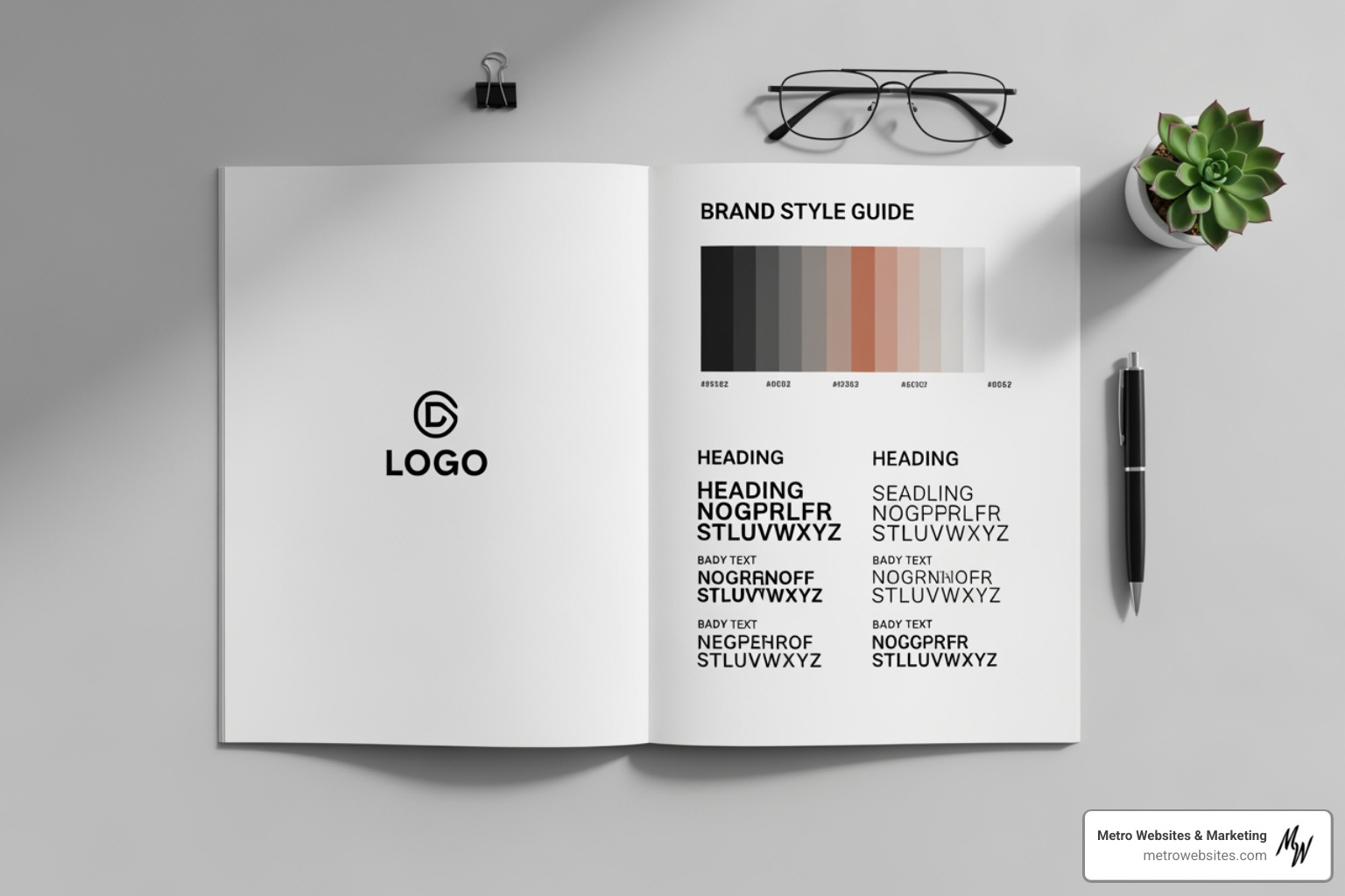 brand style guide showing a logo, color palette, and typography choices - brand identity website design