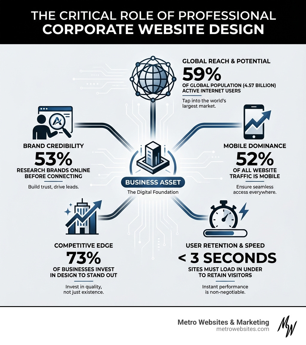Infographic showing the critical importance of professional corporate website design: 59% of the global population (4.57 billion people) are active internet users, 53% research brands before connecting, 52% of traffic is mobile, 73% of businesses invest in design to stand out, and sites must load in under 3 seconds to retain visitors - corporate website design services infographic 