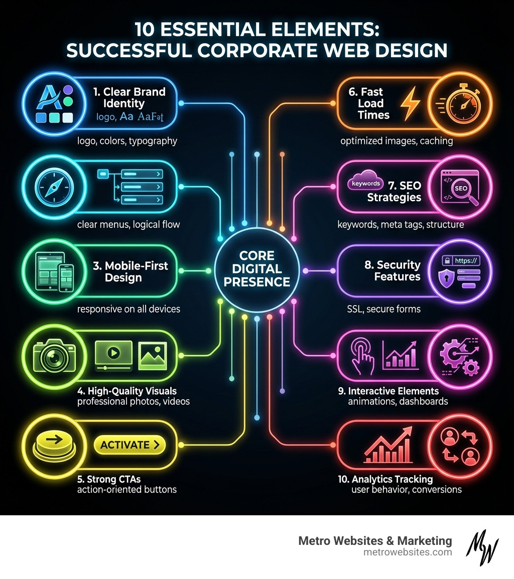 Infographic showing the 10 essential elements of successful corporate web design: 1. Clear Brand Identity (logo, colors, typography), 2. Intuitive Navigation (clear menus, logical flow), 3. Mobile-First Design (responsive on all devices), 4. High-Quality Visuals (professional photos, videos), 5. Strong CTAs (action-oriented buttons), 6. Fast Load Times (optimized images, caching), 7. SEO Strategies (keywords, meta tags, structure), 8. Security Features (SSL, secure forms), 9. Interactive Elements (animations, dashboards), 10. Analytics Tracking (user behavior, conversions) - corporate web design infographic 