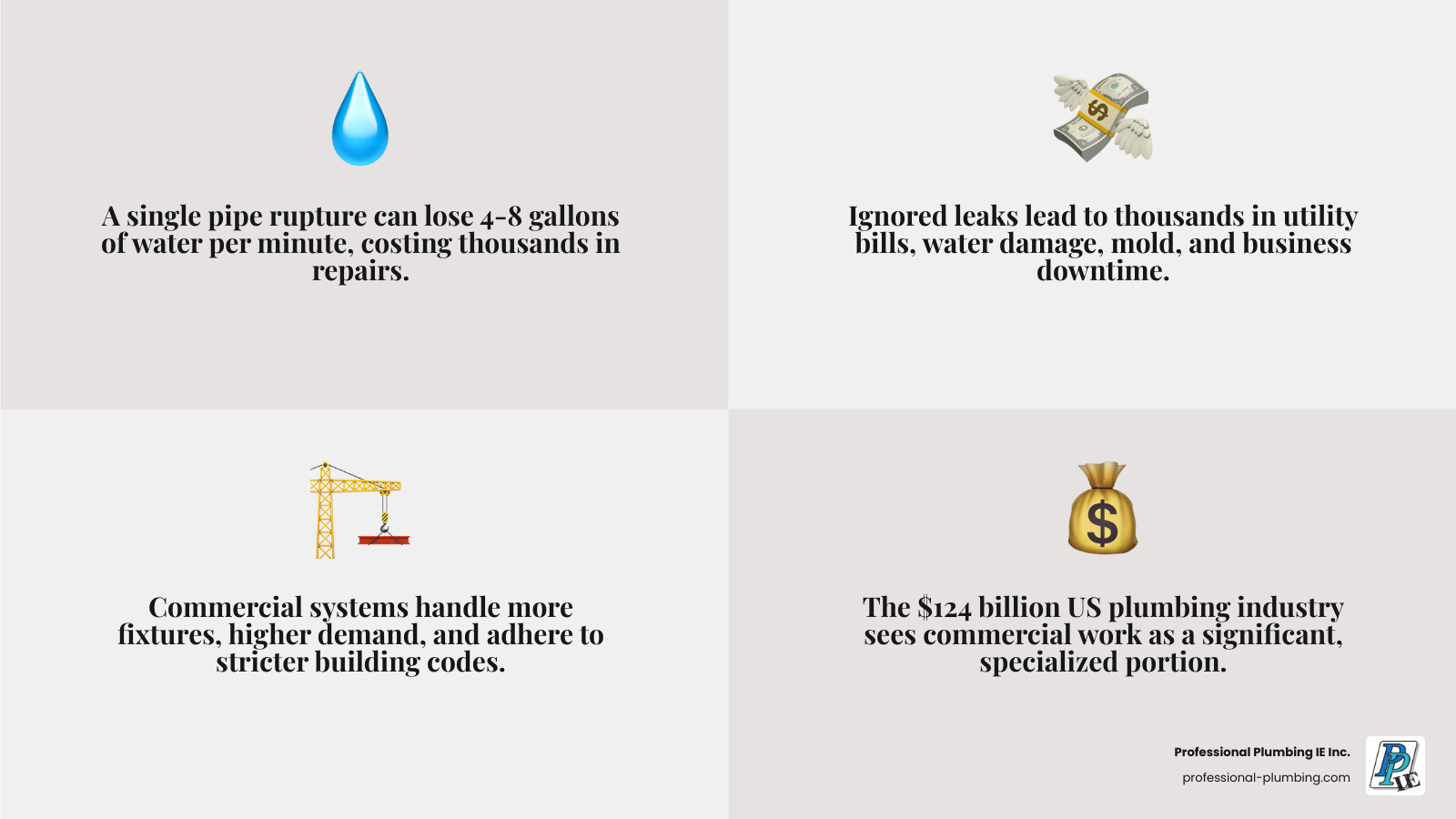 Infographic showing the financial impact of commercial plumbing failures: A single pipe rupture loses 4-8 gallons per minute, costing thousands in repairs and property damage. Ignored leaks lead to high utility bills, water damage, mold remediation, and business downtime. Commercial systems face higher demands with more fixtures, stricter building codes, and health compliance requirements. The US plumbing industry is valued at $124 billion, with commercial work requiring specialized expertise and equipment. - business plumbing services infographic 4_facts_emoji_grey Infographic showing the financial impact of commercial plumbing failures: A single pipe rupture loses 4-8 gallons per minute, costing thousands in repairs and property damage. Ignored leaks lead to high utility bills, water damage, mold remediation, and business downtime. Commercial systems face higher demands with more fixtures, stricter building codes, and health compliance requirements. The US plumbing industry is valued at $124 billion, with commercial work requiring specialized expertise and equipment. - business plumbing services infographic 4_facts_emoji_grey
