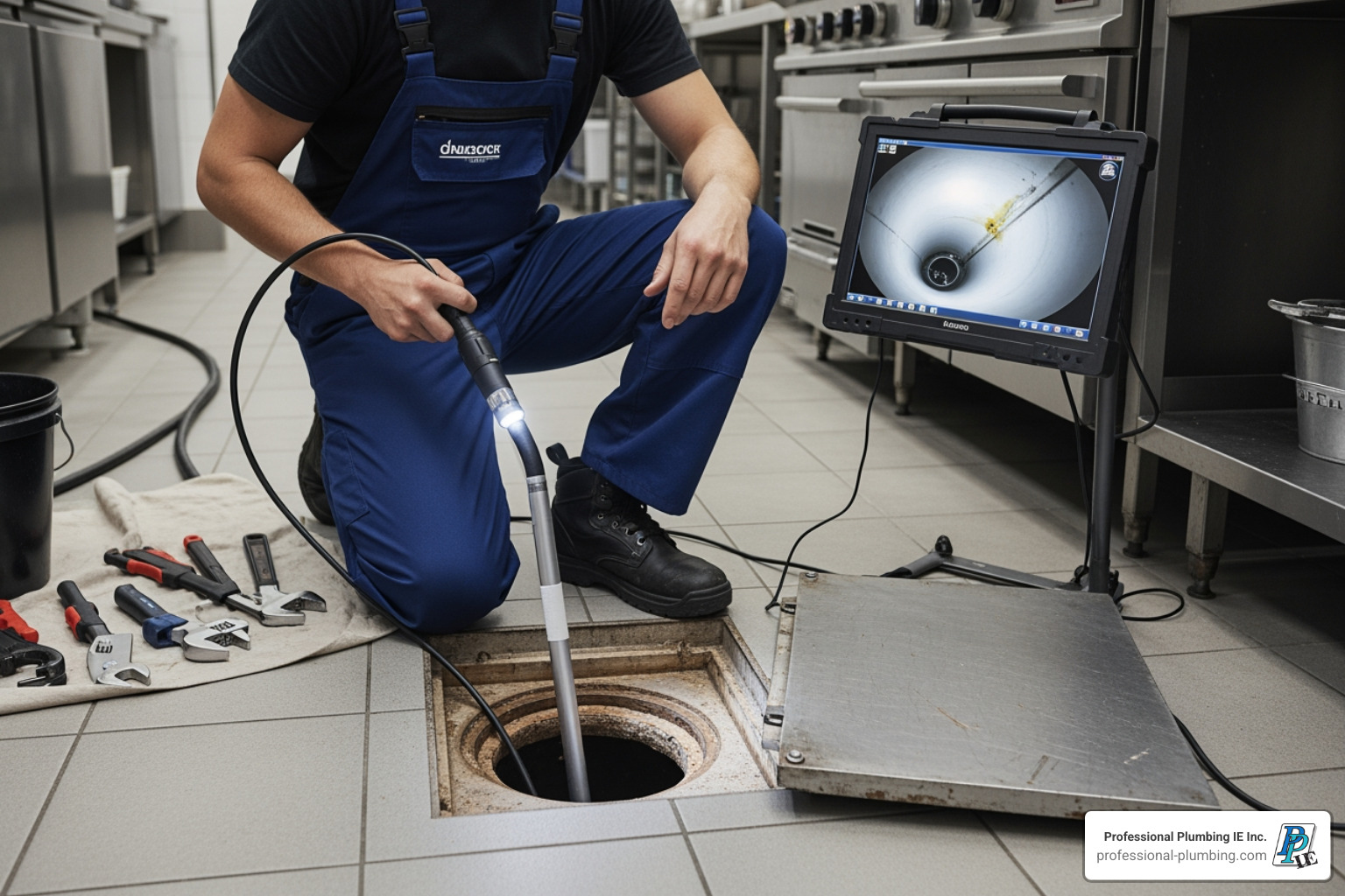 A commercial plumber performing a video camera inspection on a drain pipe - business plumbing services A commercial plumber performing a video camera inspection on a drain pipe - business plumbing services