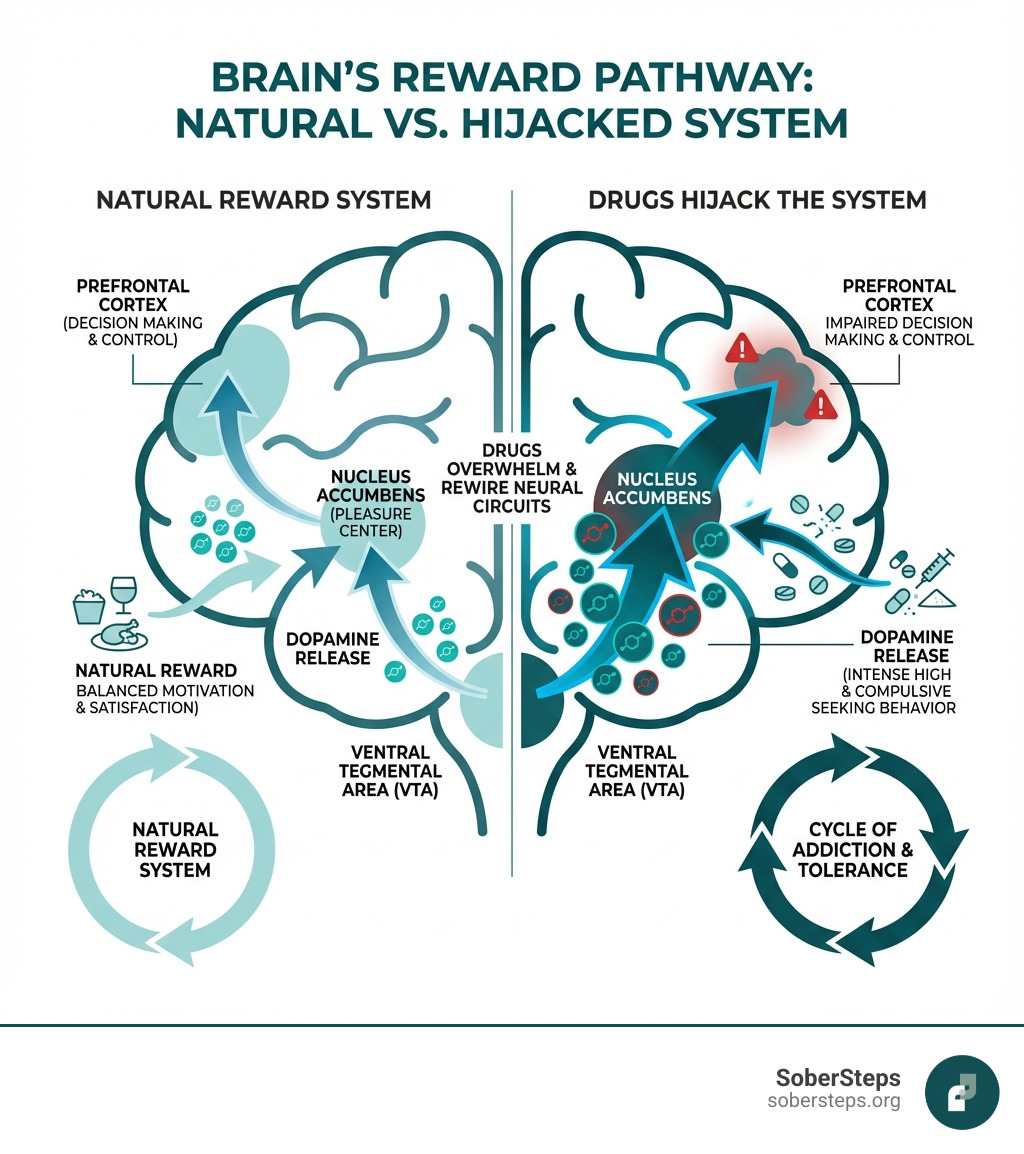 infographic showing the brain's reward pathway with labels for dopamine release, the ventral tegmental area, nucleus accumbens, and prefrontal cortex, illustrating how drugs hijack the natural reward system and create compulsive seeking behavior - overcoming drug addiction infographic 