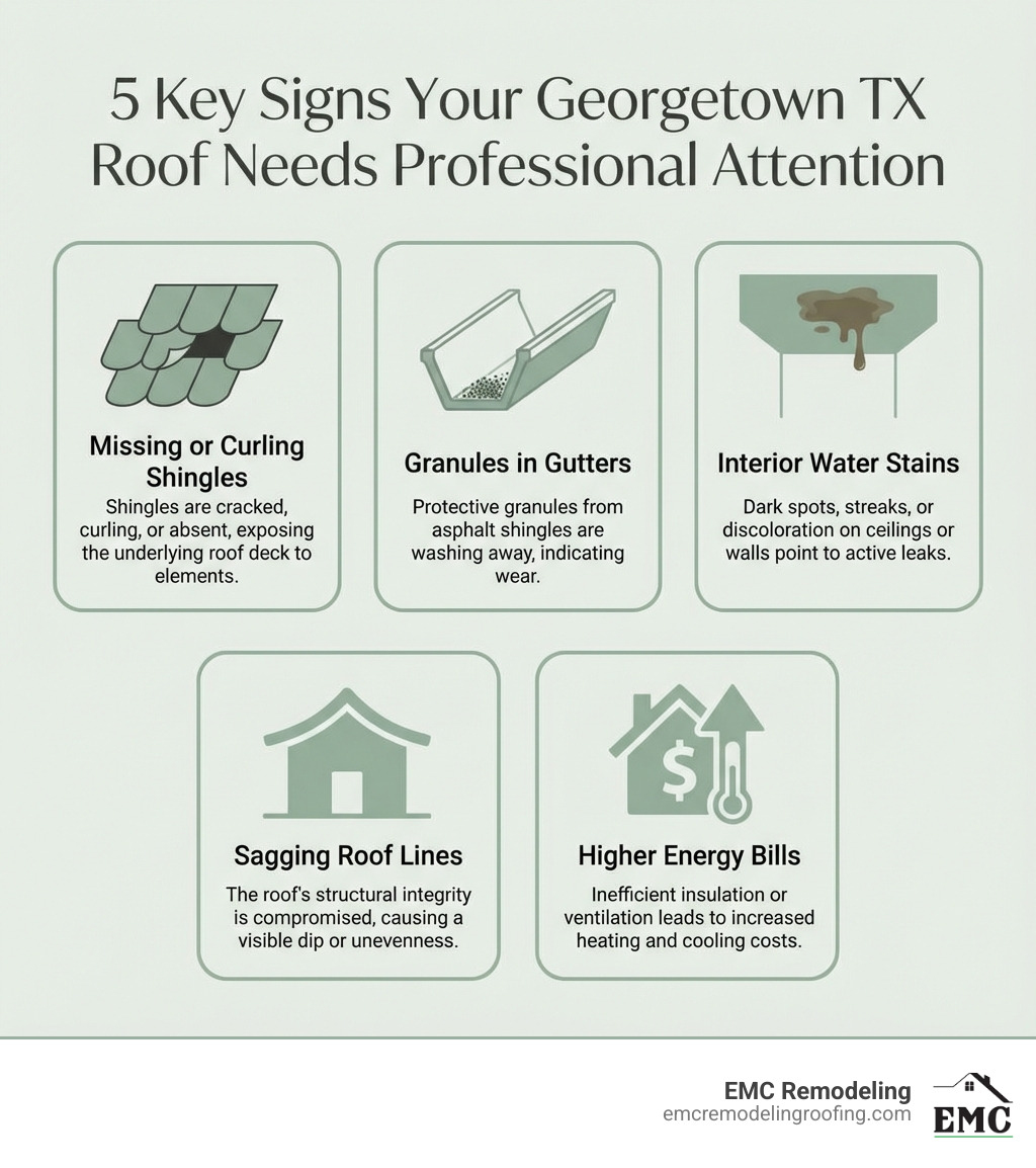 Infographic showing 5 key signs your Georgetown TX roof needs professional attention: missing or curling shingles, granules in gutters, interior water stains, sagging roof lines, and higher energy bills, with simple icons and short explanations for each - roofing contractors in georgetown tx infographic 