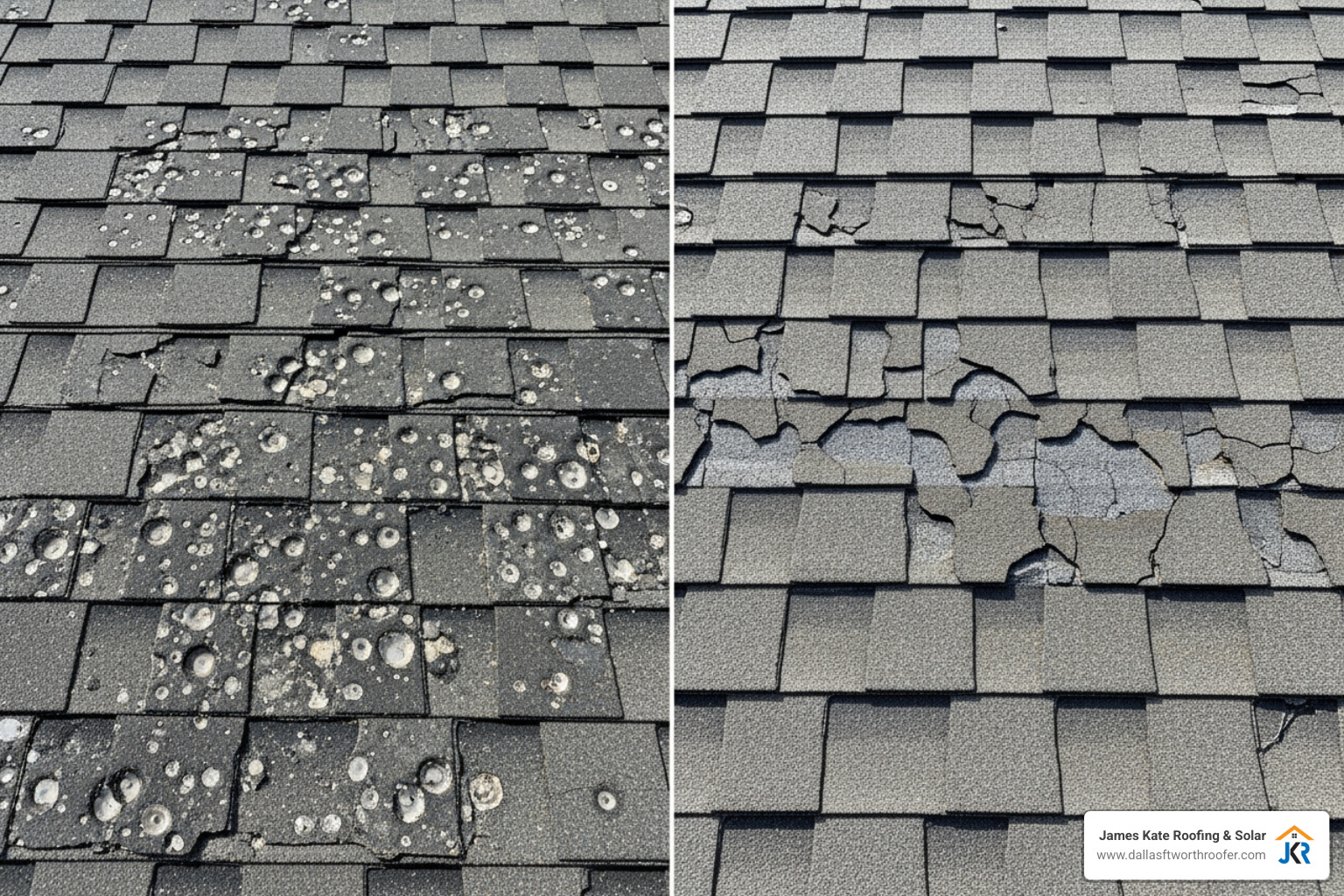Hail damage on a shingle and another of sun-cracked shingles - dallas fort worth roofing Hail damage on a shingle and another of sun-cracked shingles - dallas fort worth roofing