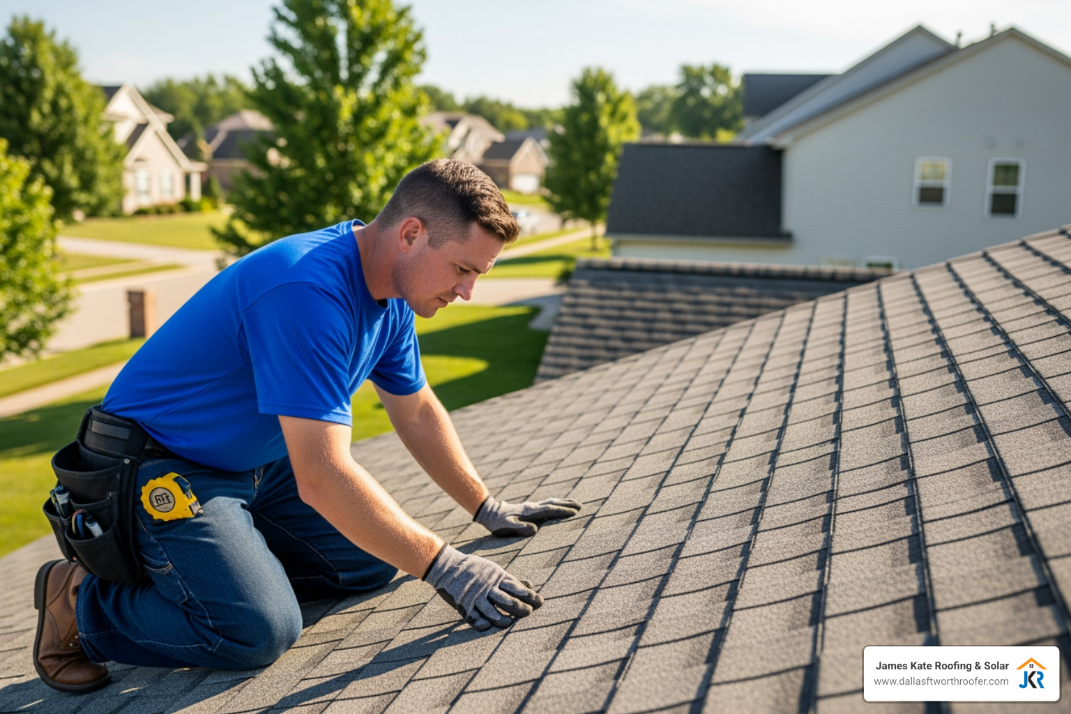 Roofer in a royal blue "James Kate Roofing" shirt safely inspecting a residential roof - dallas fort worth roofing Roofer in a royal blue "James Kate Roofing" shirt safely inspecting a residential roof - dallas fort worth roofing
