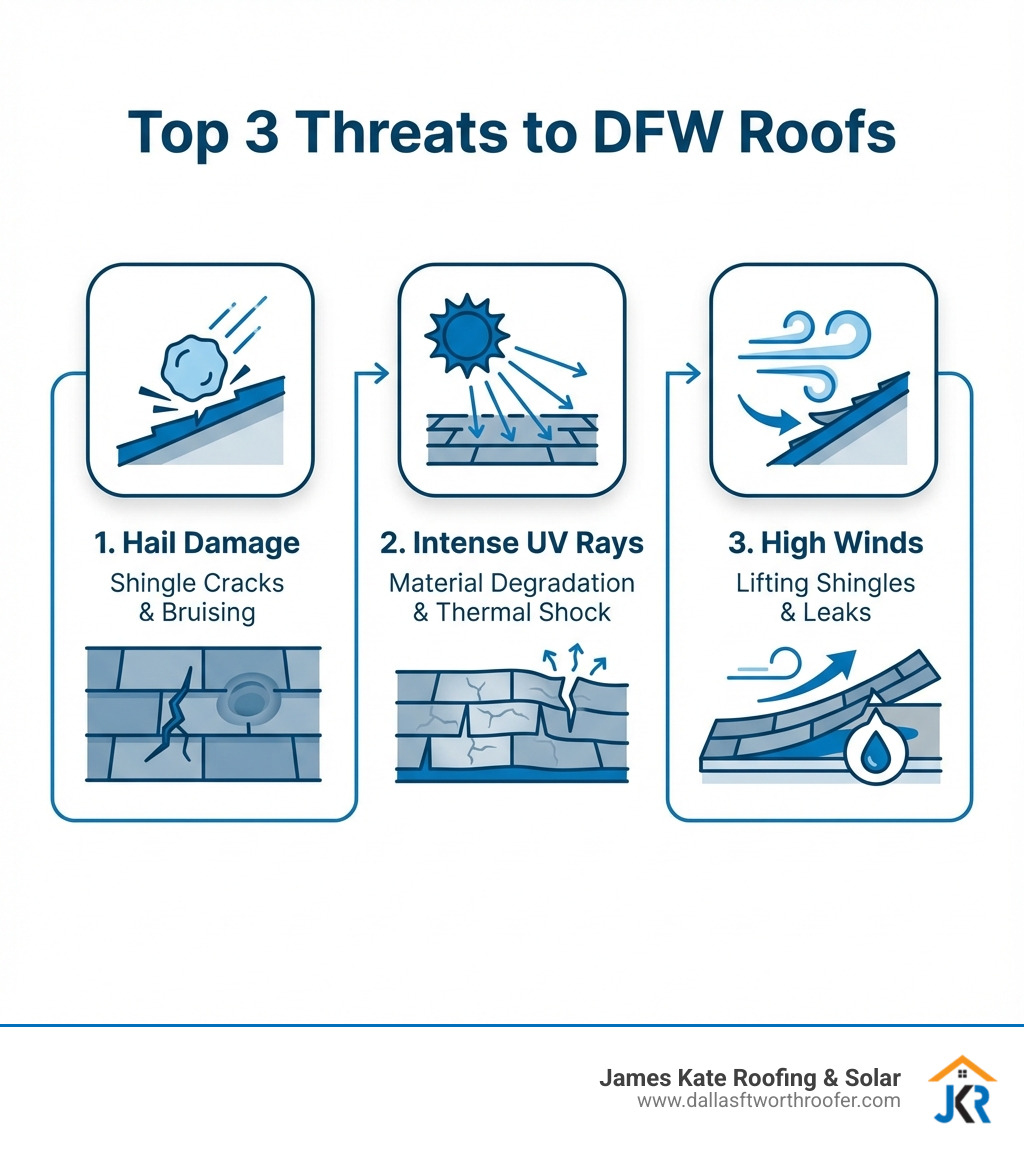 Infographic showing the top 3 threats to DFW roofs: Hail damage causing shingle cracks and bruising, intense UV rays degrading materials and causing thermal shock, and high winds lifting shingles and creating leaks - dallas fort worth roofing infographic Infographic showing the top 3 threats to DFW roofs: Hail damage causing shingle cracks and bruising, intense UV rays degrading materials and causing thermal shock, and high winds lifting shingles and creating leaks - dallas fort worth roofing infographic