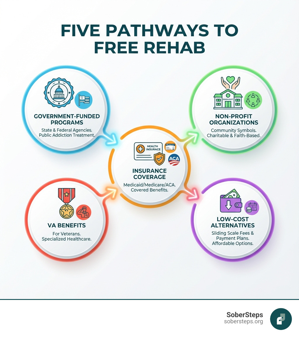 infographic showing five pathways to free rehab: government-funded programs with state and federal seals, non-profit organizations with community symbols, insurance coverage through Medicaid/Medicare/ACA, VA benefits for veterans, and low-cost alternatives including sliding scale fees and payment plans - free rehab centers near me infographic 