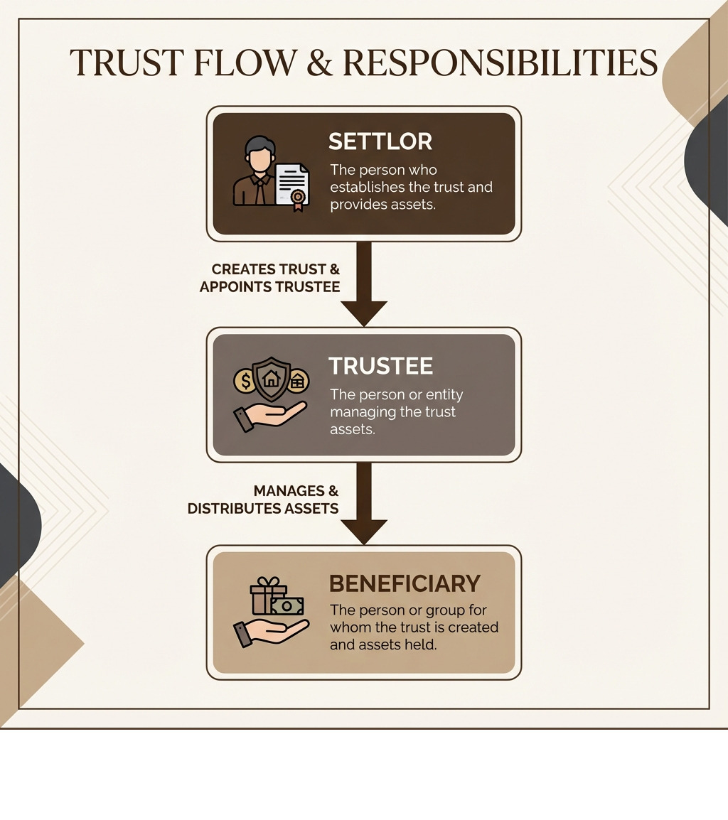 Infographic showing the simple flow of trust operation: Settlor (person creating trust) transfers assets to Trustee (manager of trust assets) who distributes benefits according to trust rules to Beneficiary (person receiving benefits), with arrows showing the flow of assets and control - estate trusts for dummies infographic Infographic showing the simple flow of trust operation: Settlor (person creating trust) transfers assets to Trustee (manager of trust assets) who distributes benefits according to trust rules to Beneficiary (person receiving benefits), with arrows showing the flow of assets and control - estate trusts for dummies infographic