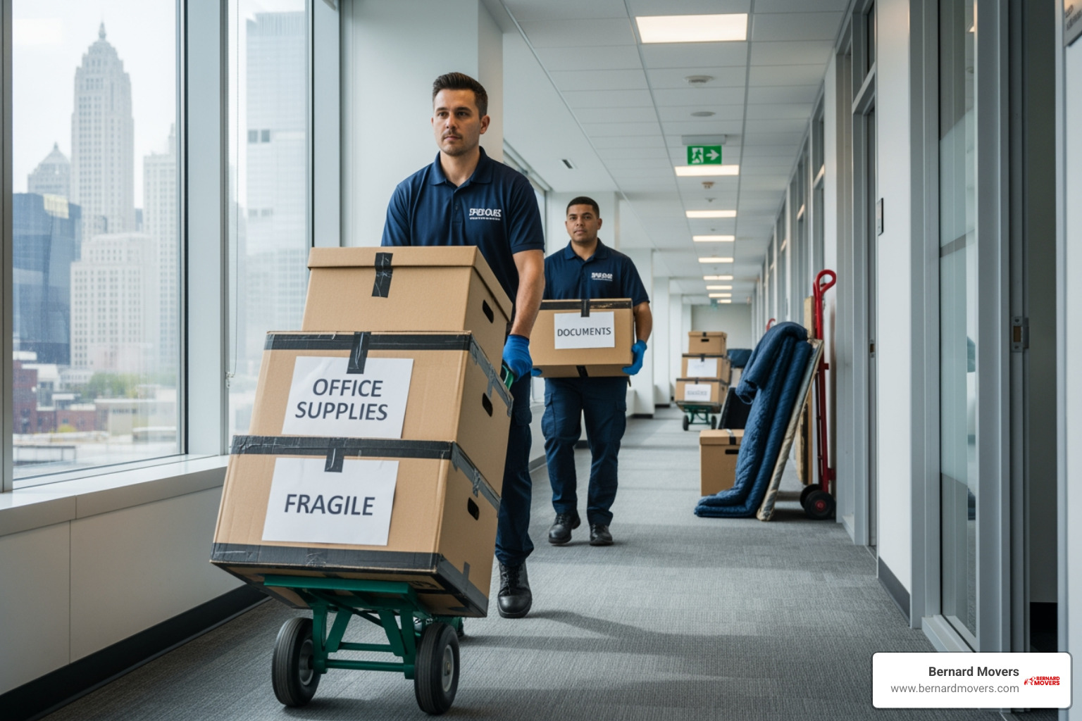 movers navigating a commercial building hallway in Chicago - Corporate movers near me movers navigating a commercial building hallway in Chicago - Corporate movers near me