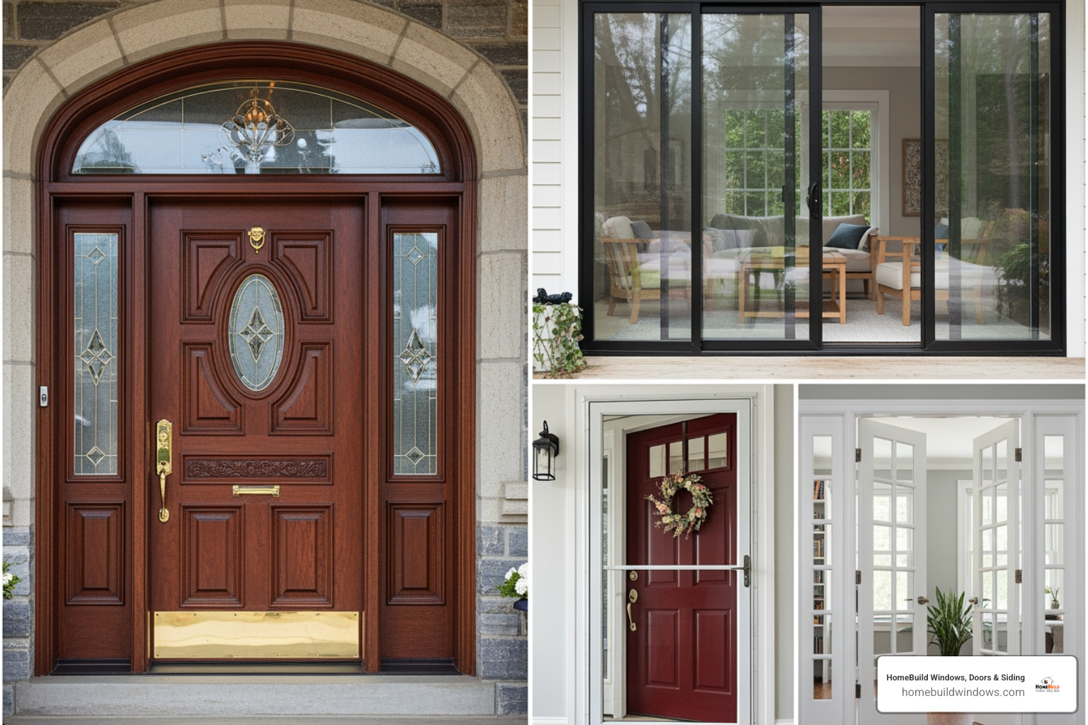collage of different door types: a grand front entry door, a sliding patio door, a classic storm door, and stylish interior French doors - door replacement service
