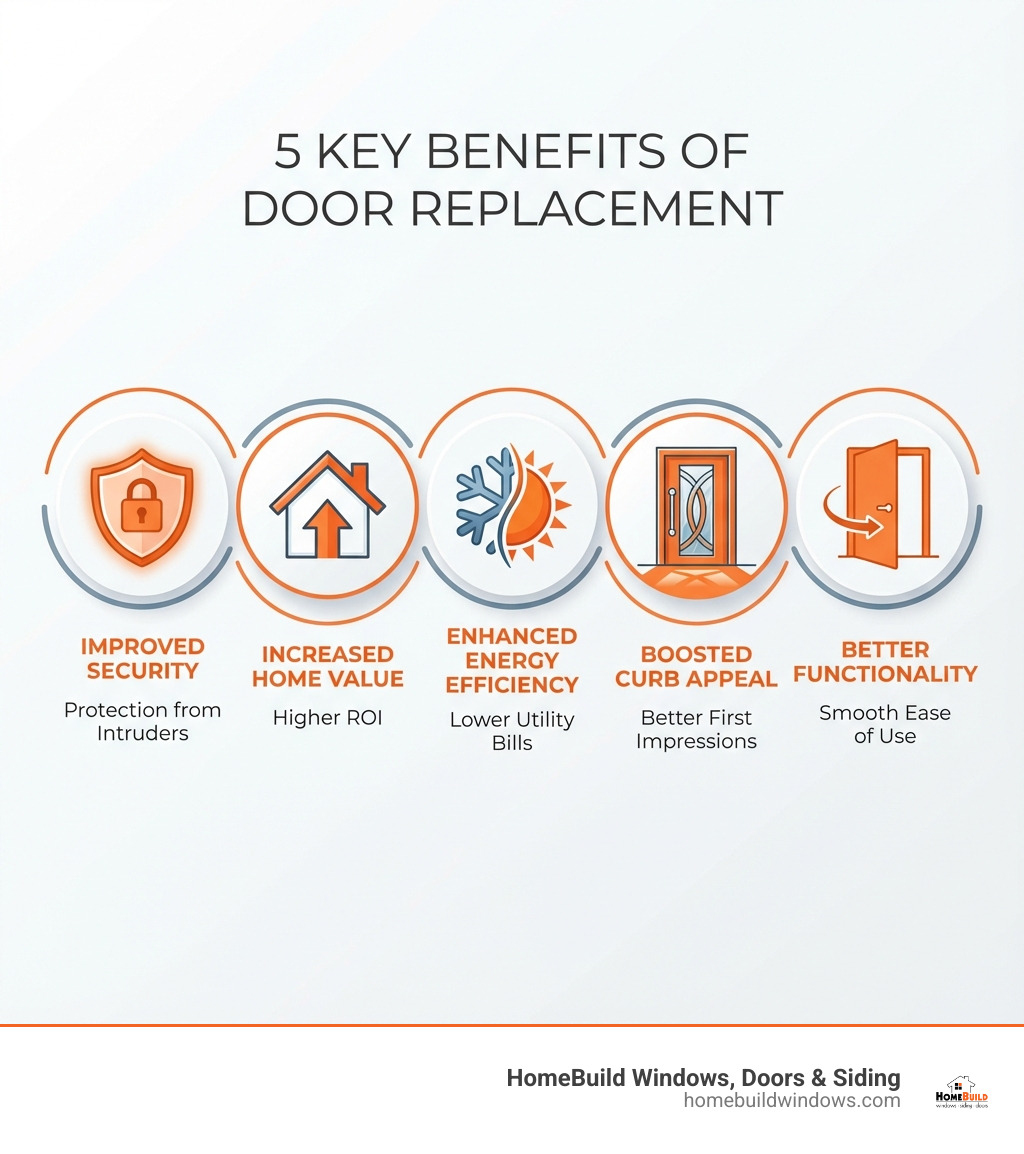 infographic showing five key benefits of door replacement: a shield icon representing improved security and protection from intruders, a house with an upward arrow representing increased home value and ROI, a snowflake and sun icon representing enhanced energy efficiency and lower utility bills, a stylish door icon representing boosted curb appeal and first impressions, and a smooth-opening door icon representing better functionality and ease of use - door replacement service infographic 