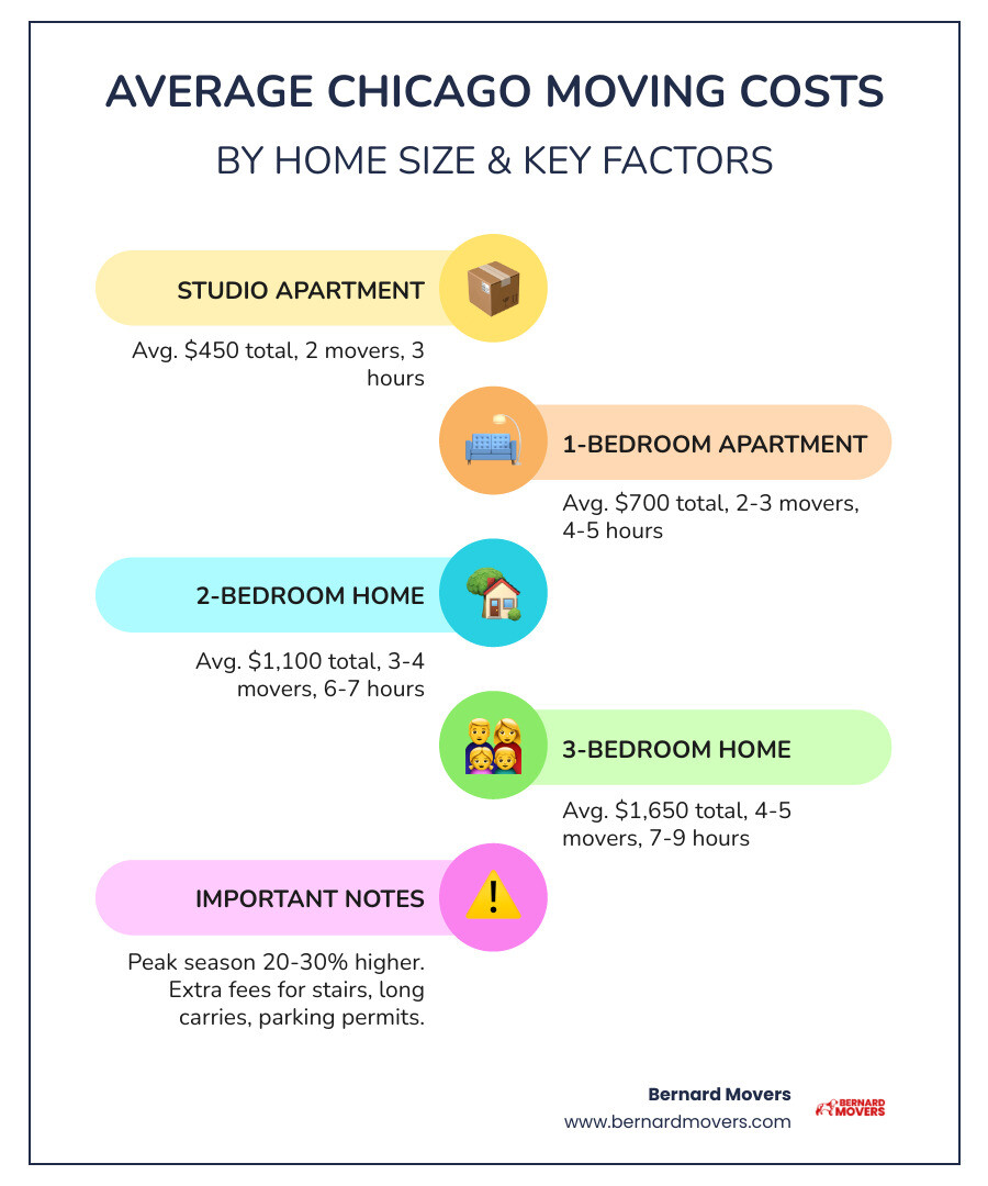 Infographic showing average Chicago moving costs broken down by home size: Studio apartments average $450 total cost with 2 movers for 3 hours; 1-bedroom apartments average $700 with 2-3 movers for 4-5 hours; 2-bedroom homes average $1,100 with 3-4 movers for 6-7 hours; 3-bedroom homes average $1,650 with 4-5 movers for 7-9 hours. Chart includes hourly rate ranges and additional notes about peak season pricing being 20-30% higher and potential extra fees for stairs, long carries, and parking permits. - moving companies chicago prices infographic infographic-line-5-steps-colors Infographic showing average Chicago moving costs broken down by home size: Studio apartments average $450 total cost with 2 movers for 3 hours; 1-bedroom apartments average $700 with 2-3 movers for 4-5 hours; 2-bedroom homes average $1,100 with 3-4 movers for 6-7 hours; 3-bedroom homes average $1,650 with 4-5 movers for 7-9 hours. Chart includes hourly rate ranges and additional notes about peak season pricing being 20-30% higher and potential extra fees for stairs, long carries, and parking permits. - moving companies chicago prices infographic infographic-line-5-steps-colors