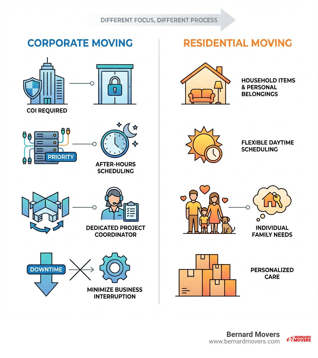 infographic showing corporate vs residential moving differences: corporate moves require COI for building access, handle IT equipment and server rooms first, offer after-hours scheduling, include cubicle disassembly and reassembly, provide dedicated project coordinators, and minimize business downtime; residential moves focus on household items, personal belongings, flexible daytime scheduling, and individual family needs - Corporate movers near me infographic infographic showing corporate vs residential moving differences: corporate moves require COI for building access, handle IT equipment and server rooms first, offer after-hours scheduling, include cubicle disassembly and reassembly, provide dedicated project coordinators, and minimize business downtime; residential moves focus on household items, personal belongings, flexible daytime scheduling, and individual family needs - Corporate movers near me infographic