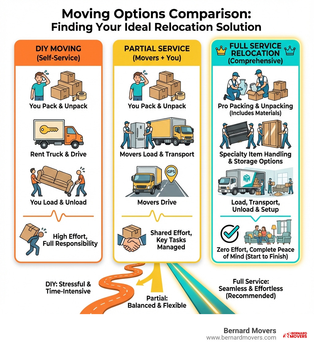 infographic showing three columns comparing DIY moving (you pack, rent truck, load, drive, unload yourself), partial service moving (movers load and transport, you pack and unpack), and full service relocation (movers handle packing, loading, transport, unloading, and unpacking with specialty item handling and storage options included) - full service relocation infographic infographic showing three columns comparing DIY moving (you pack, rent truck, load, drive, unload yourself), partial service moving (movers load and transport, you pack and unpack), and full service relocation (movers handle packing, loading, transport, unloading, and unpacking with specialty item handling and storage options included) - full service relocation infographic