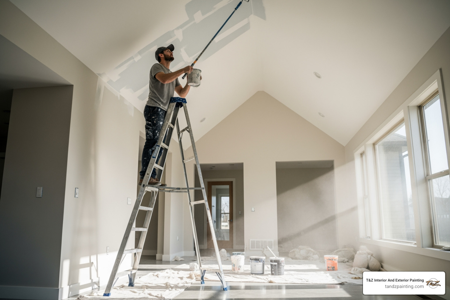 painter painting a high ceiling - interior and exterior painting companies