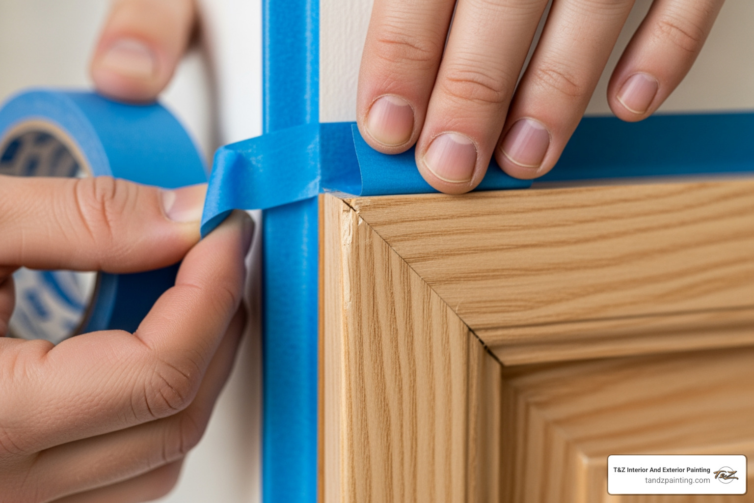 painter carefully taping trim before painting - interior and exterior painting companies