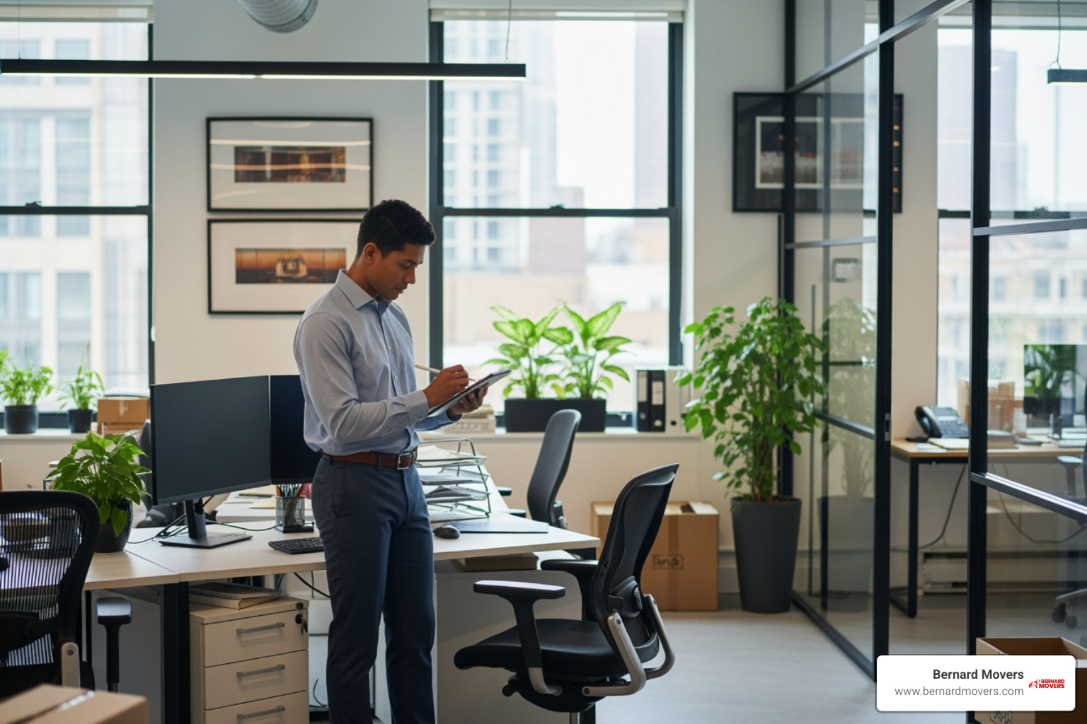 Bernard Movers coordinator conducting an on-site survey in an office - how moving services determine pricing for commercial moves
