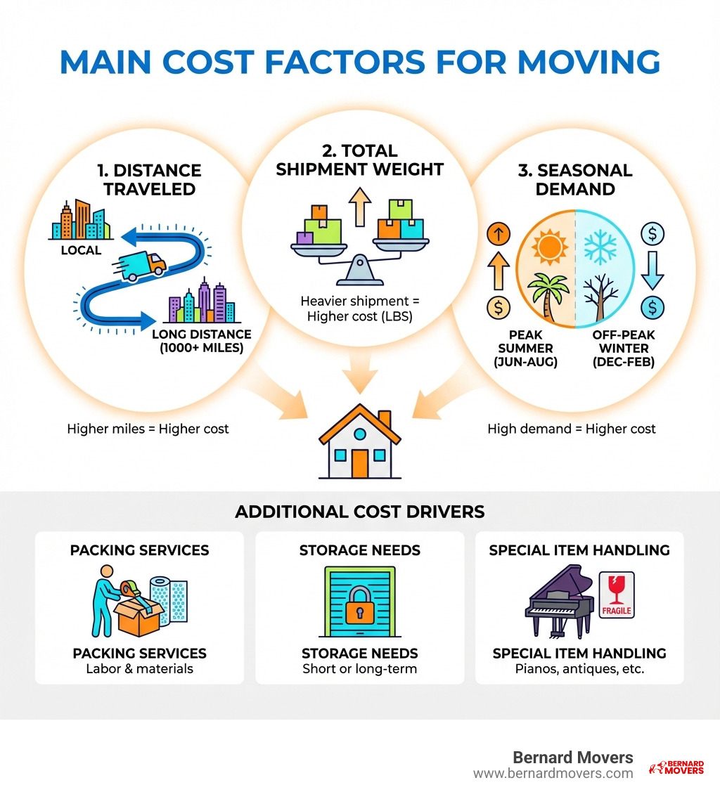 infographic showing three main cost factors for moving: distance traveled measured in miles, total shipment weight in pounds, and seasonal demand with peak summer months versus off-peak winter months, plus additional cost drivers like packing services, storage needs, and special item handling - budget friendly movers infographic infographic showing three main cost factors for moving: distance traveled measured in miles, total shipment weight in pounds, and seasonal demand with peak summer months versus off-peak winter months, plus additional cost drivers like packing services, storage needs, and special item handling - budget friendly movers infographic
