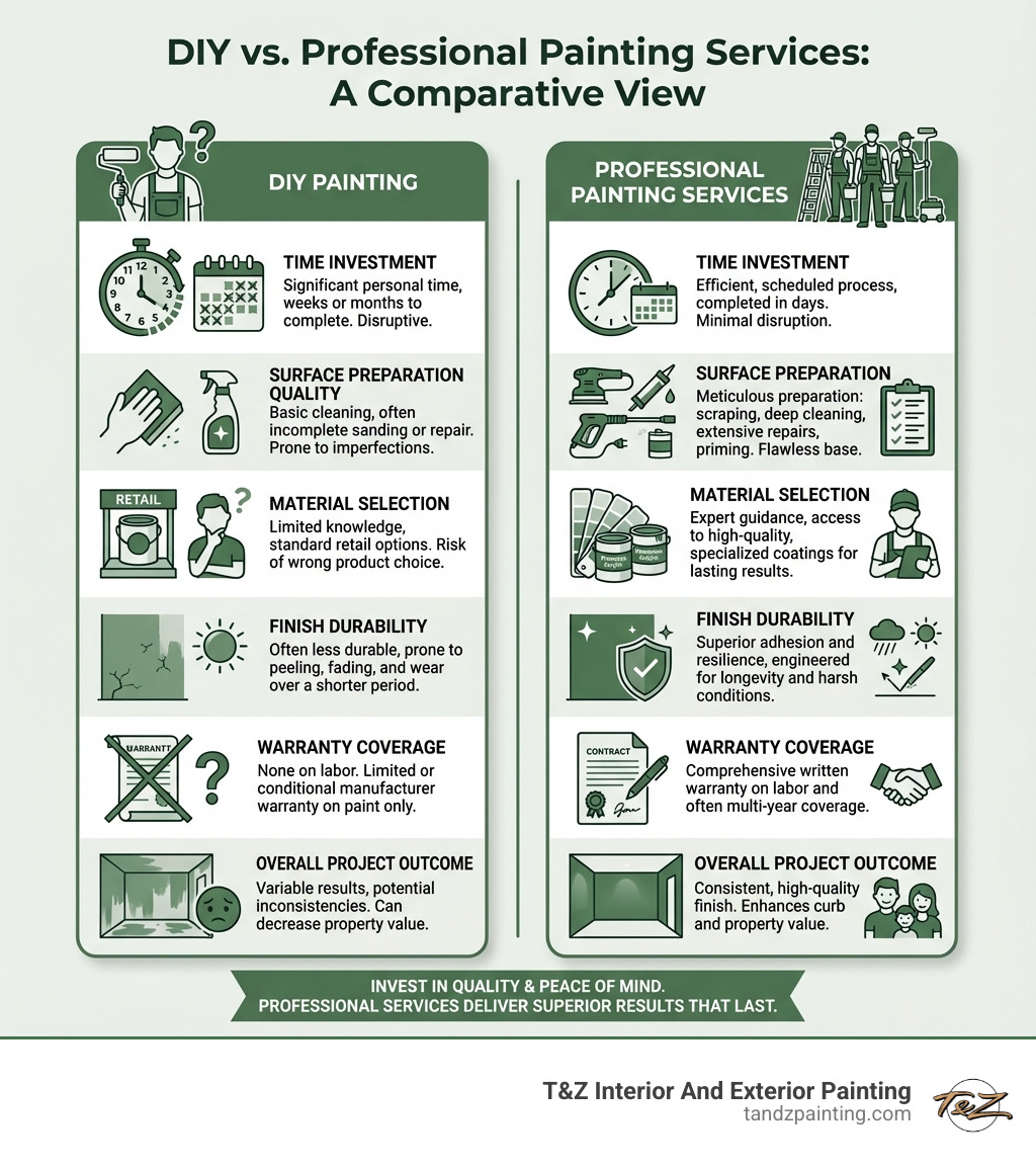infographic showing the differences between DIY painting and professional painting services including time investment, surface preparation quality, material selection, finish durability, warranty coverage, and overall project outcome - interior and exterior painting companies infographic 