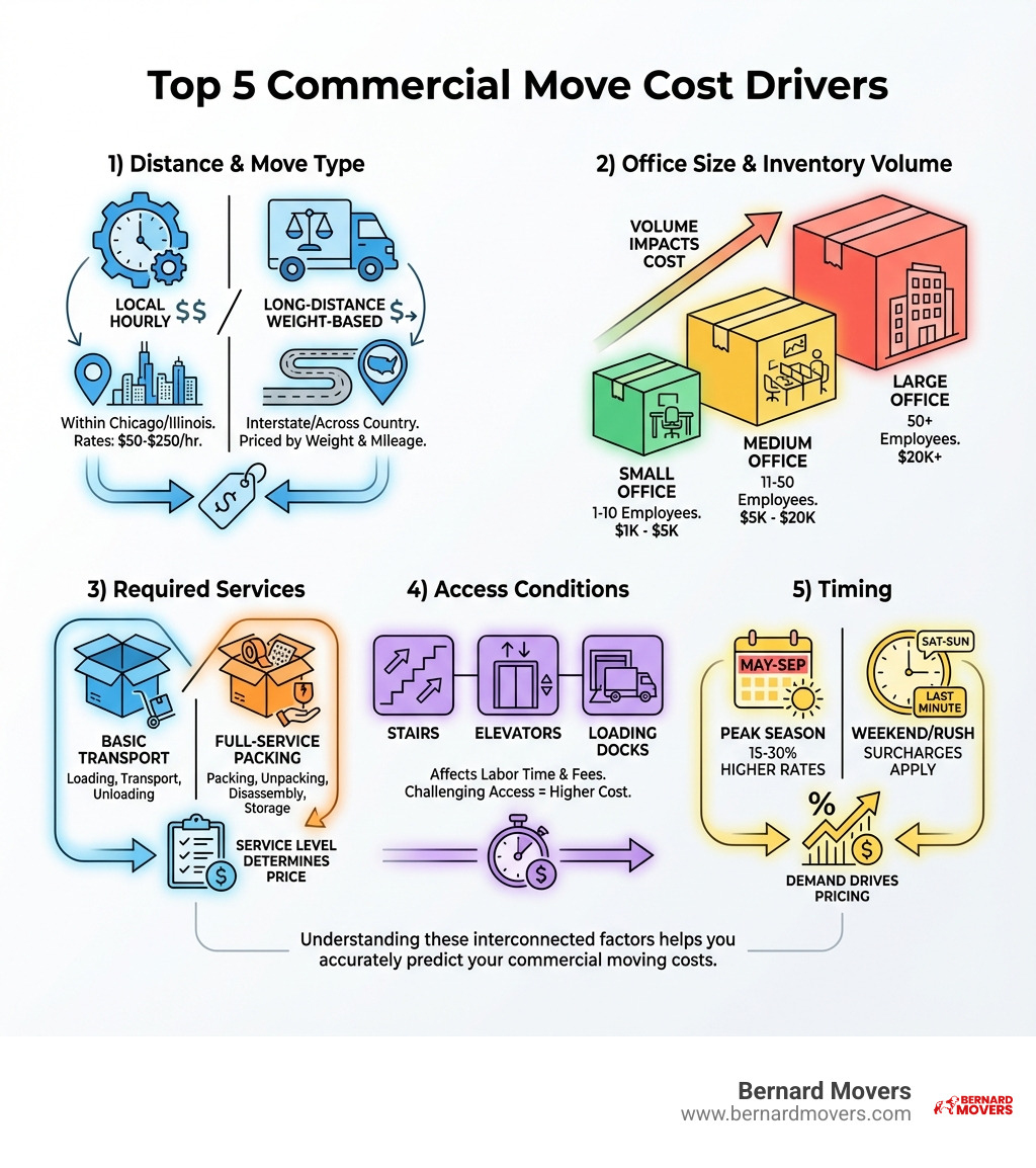 Infographic showing the top 5 cost drivers for commercial moves: 1) Distance and Move Type (local hourly vs long-distance weight-based), 2) Office Size and Inventory Volume (small $1K-5K, medium $5K-20K, large $20K+), 3) Required Services (basic transport vs full-service packing), 4) Access Conditions (stairs, elevators, loading docks), and 5) Timing (peak season 15-30% higher, weekend surcharges) - how moving services determine pricing for commercial moves infographic 