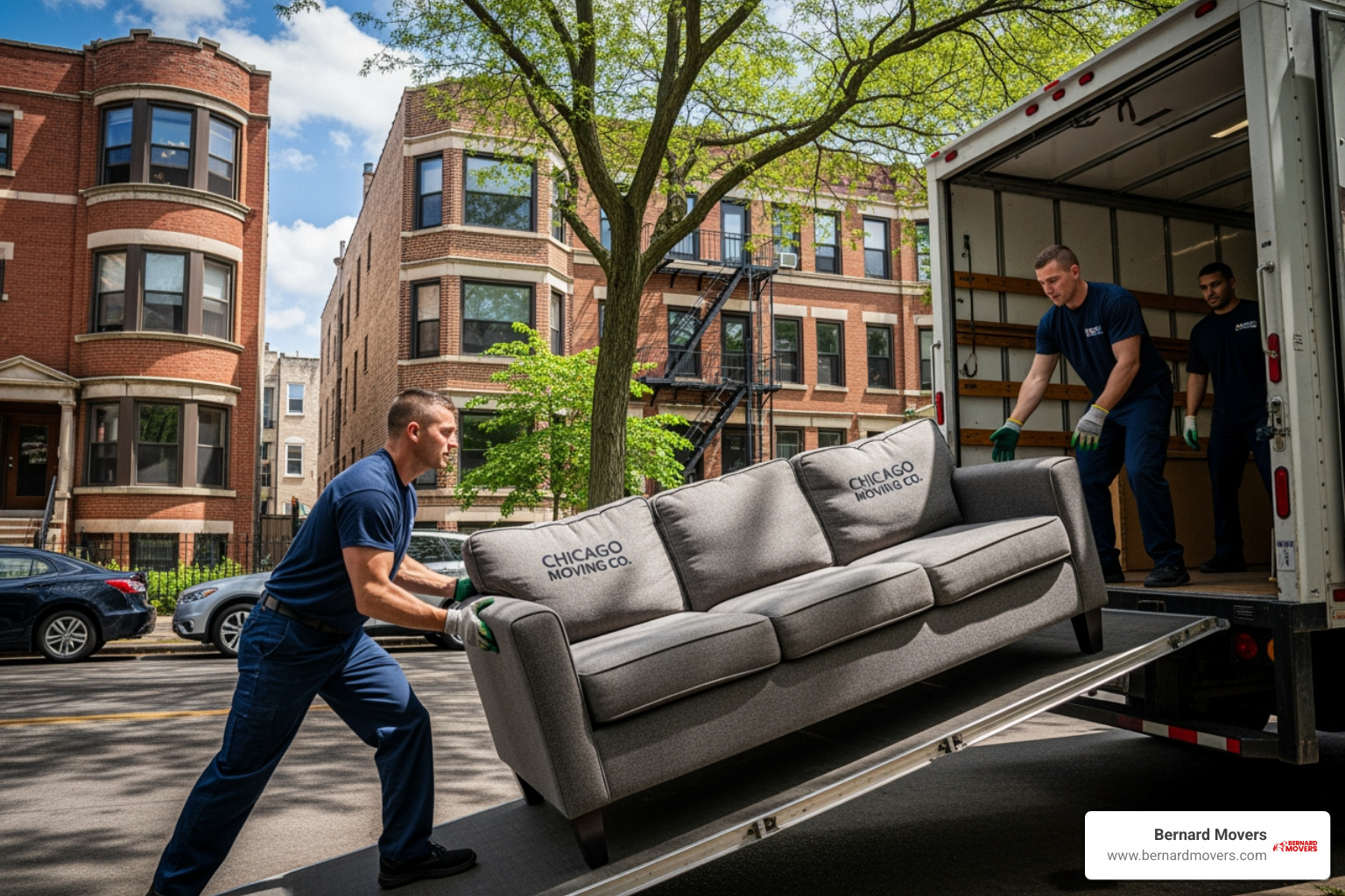 Movers carefully loading a couch onto a truck in a Chicago neighborhood - apartment movers cost