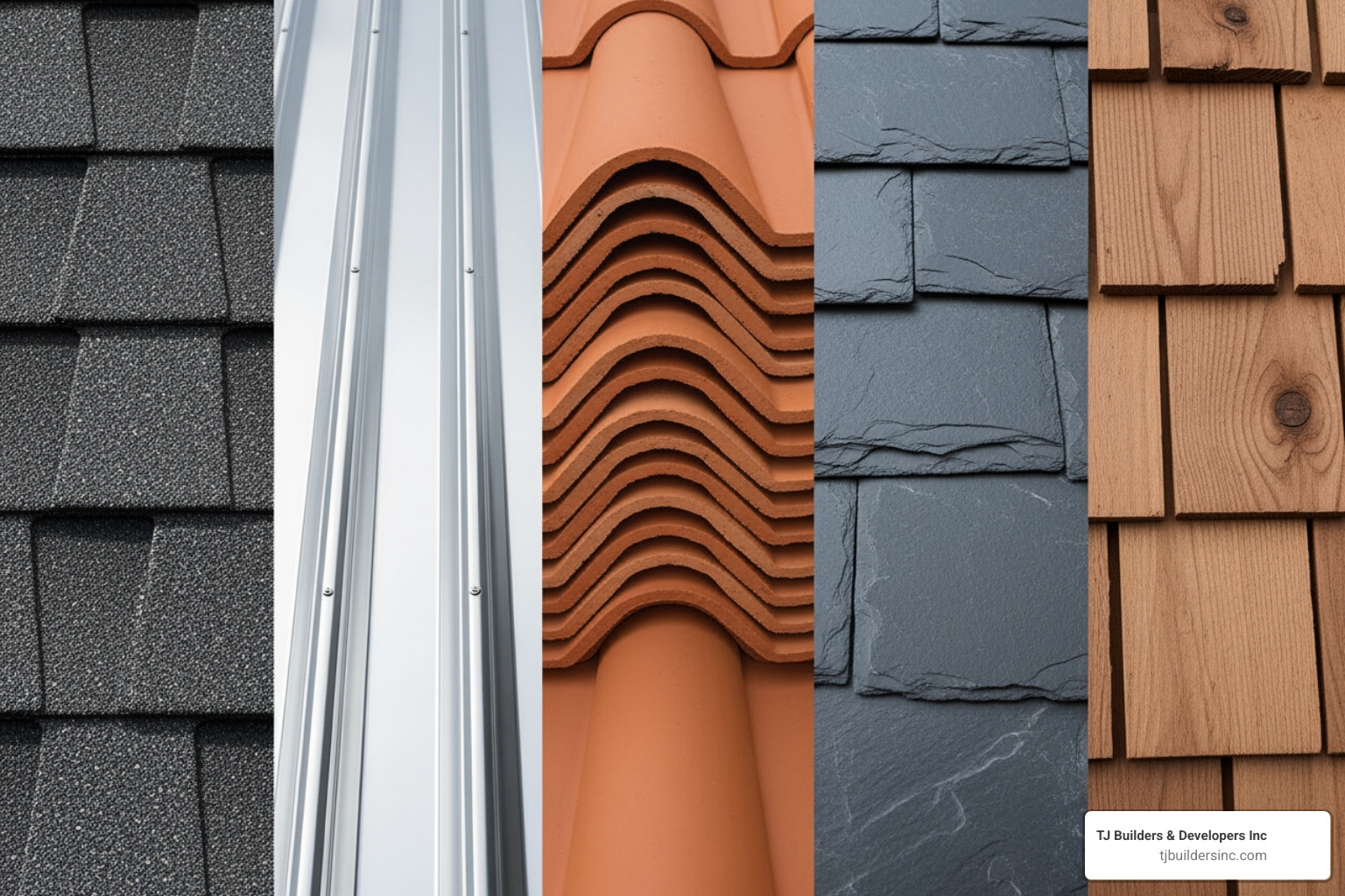 An image showing samples of various roofing materials side-by-side, including dark grey asphalt shingles, shiny silver metal panels, curved terracotta clay tiles, flat grey slate tiles, and textured cedar wood shakes. - Roofing
