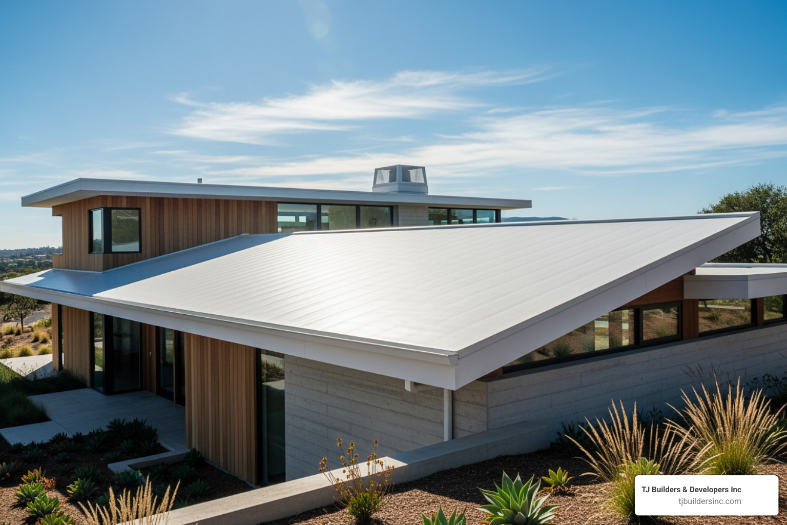 A bright, light-colored cool roof on a modern residential home, reflecting sunlight. - Roofing