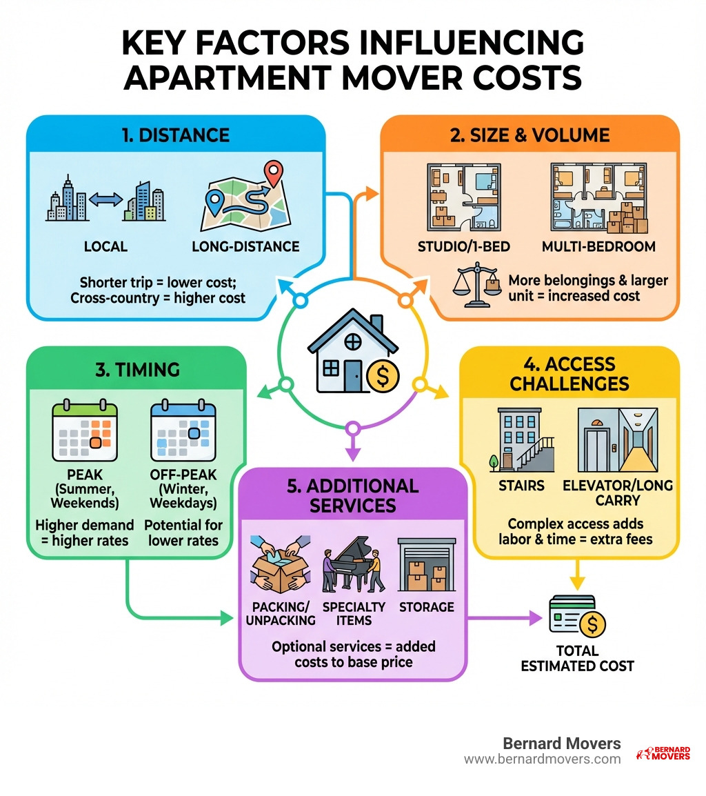 infographic showing the five key factors that influence apartment movers cost: distance of move (local vs long-distance), apartment size and volume of belongings, time of year and day of week, access challenges like stairs and elevators, and additional services like packing and specialty item handling - apartment movers cost infographic 