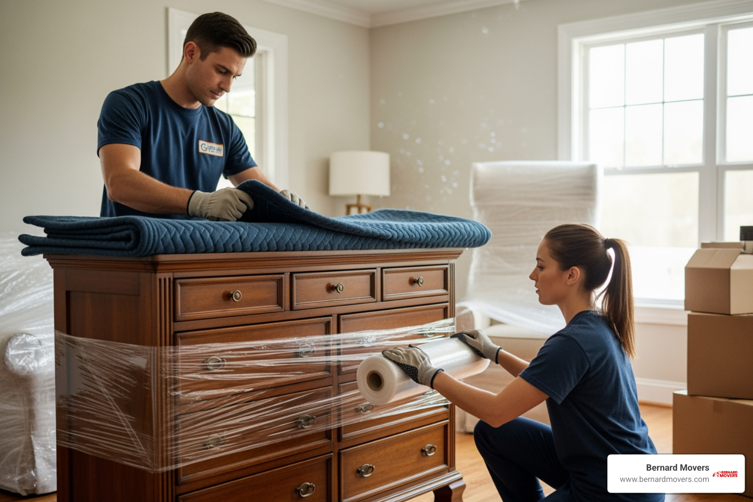 Bernard Movers professionals carefully wrapping a large piece of furniture - Illinois moving services