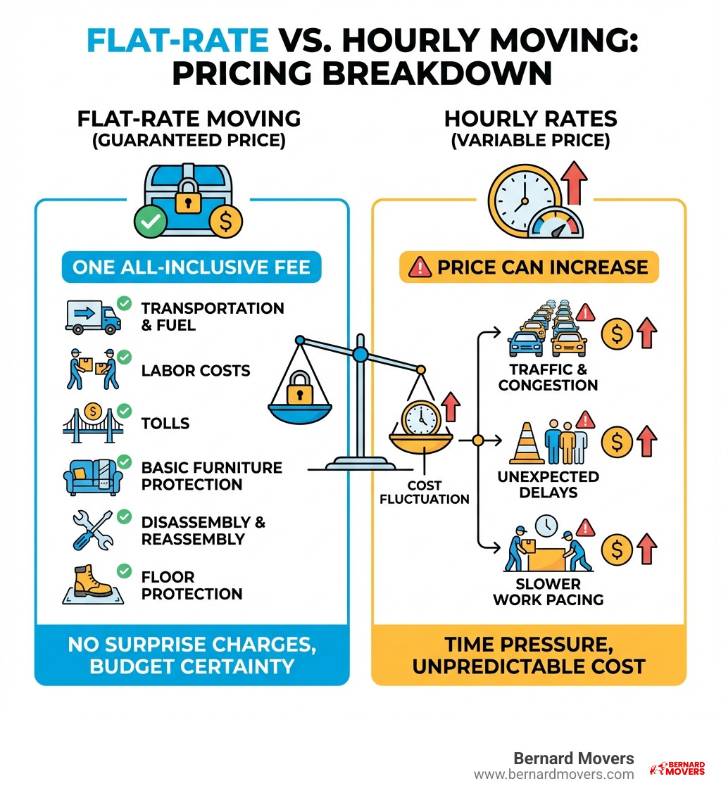 infographic showing flat-rate moving breakdown with sections for what's included in the price: labor costs, transportation, fuel, tolls, basic furniture protection, disassembly and reassembly, and floor protection, versus hourly rates that can increase due to traffic, delays, and slower work - flat moving services infographic infographic showing flat-rate moving breakdown with sections for what's included in the price: labor costs, transportation, fuel, tolls, basic furniture protection, disassembly and reassembly, and floor protection, versus hourly rates that can increase due to traffic, delays, and slower work - flat moving services infographic